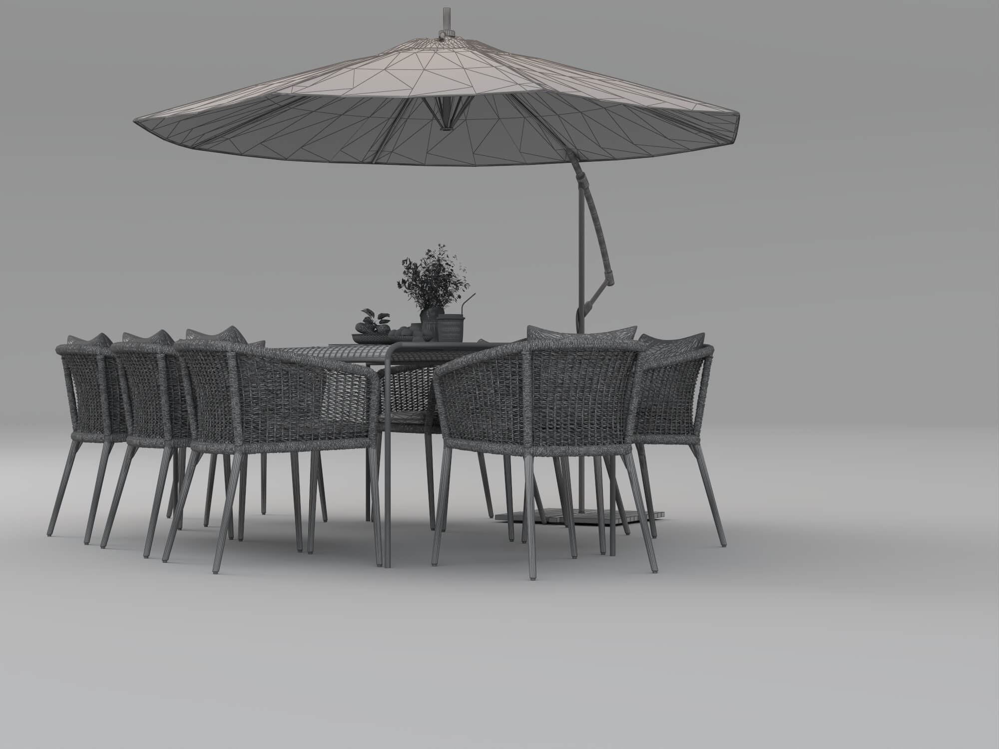Outdoor Rattan Dining Set with Patio Umbrella 3D Model