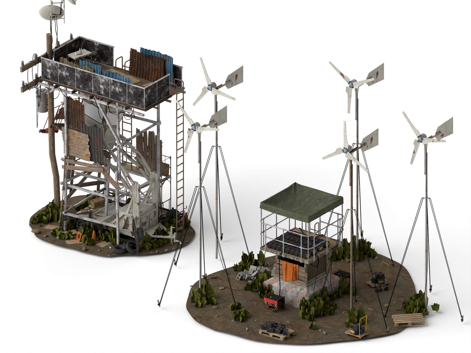 Post-Apocalyptic Survival Outpost Lowpoly 3D Scene 3D Model
