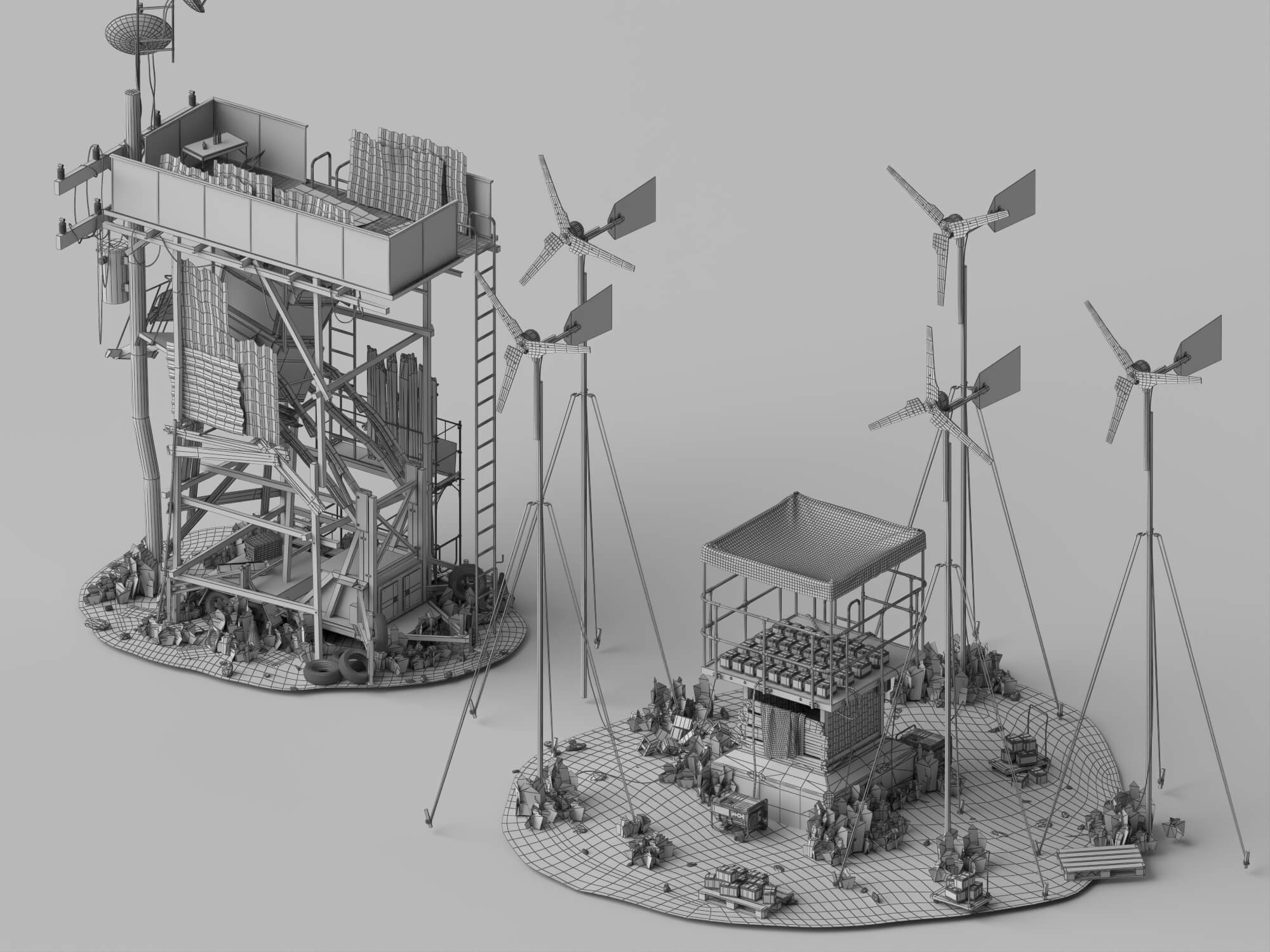 Post-Apocalyptic Survival Outpost Lowpoly 3D Scene 3D Model