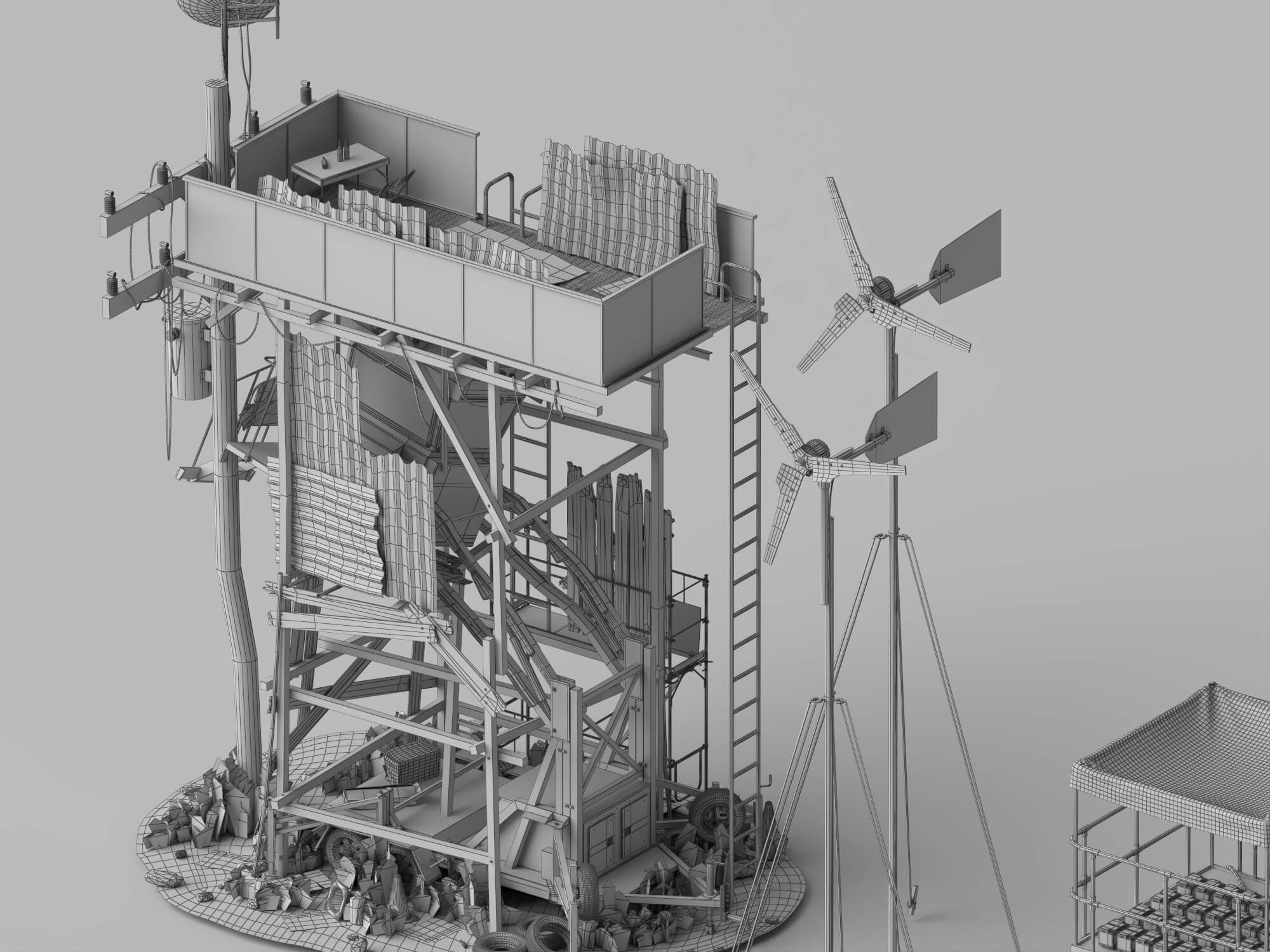 Post-Apocalyptic Survival Outpost Lowpoly 3D Scene 3D Model