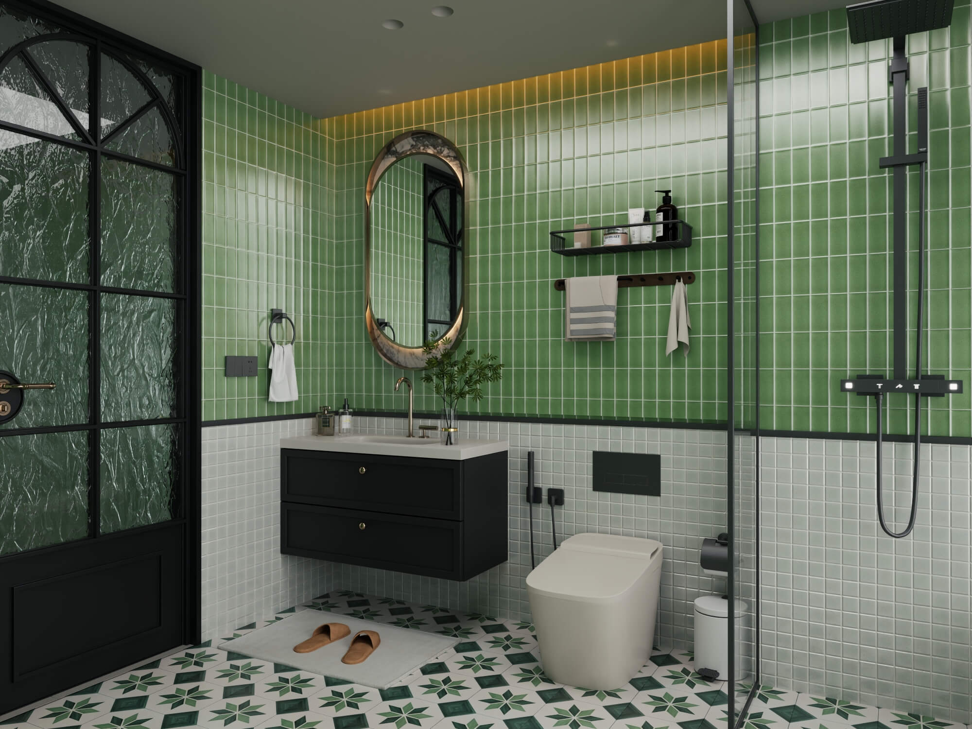 Retro Green Tile Bathroom Interior 3D Model
