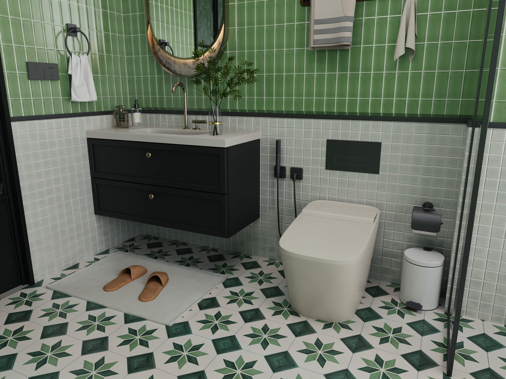 Retro Green Tile Bathroom Interior 3D Model