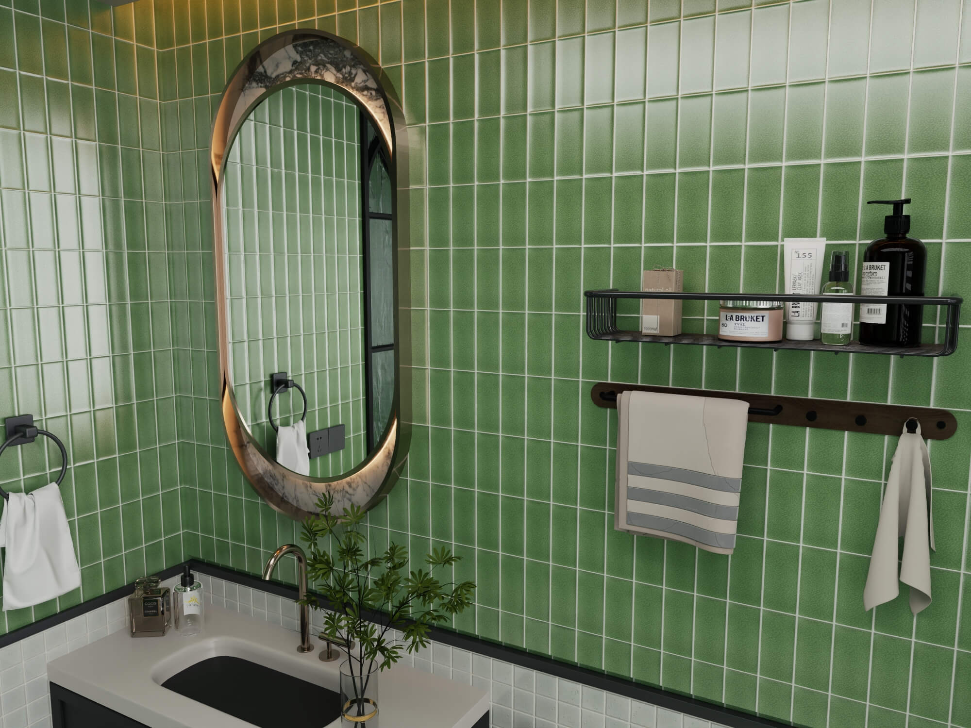 Retro Green Tile Bathroom Interior 3D Model