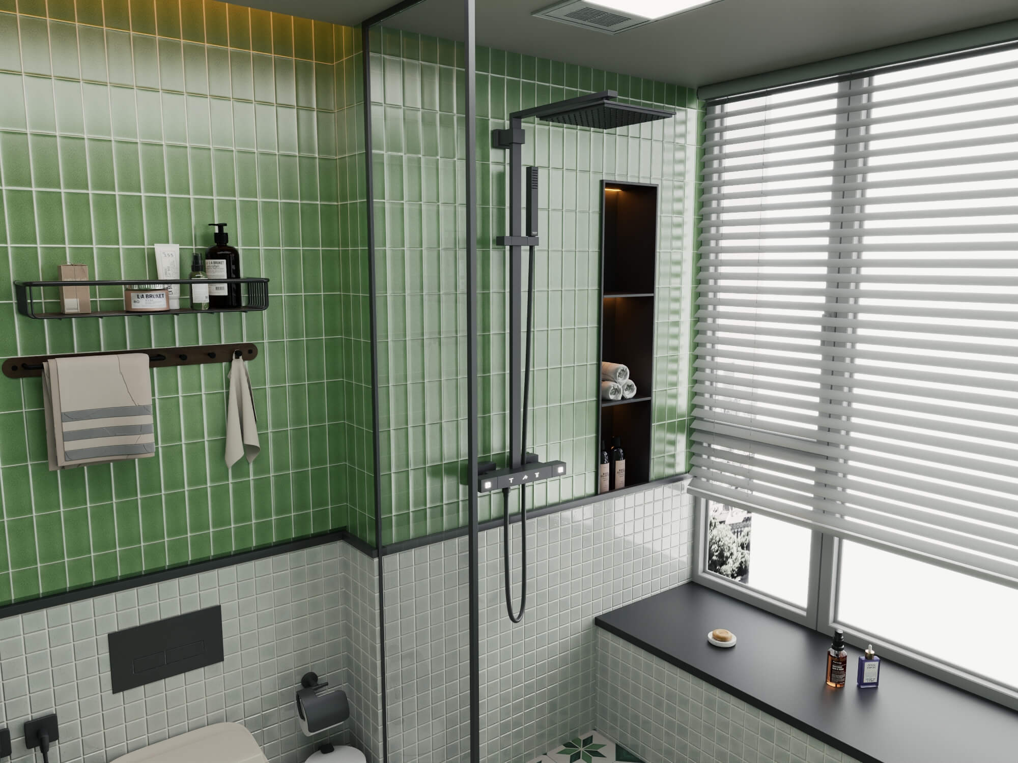 Retro Green Tile Bathroom Interior 3D Model