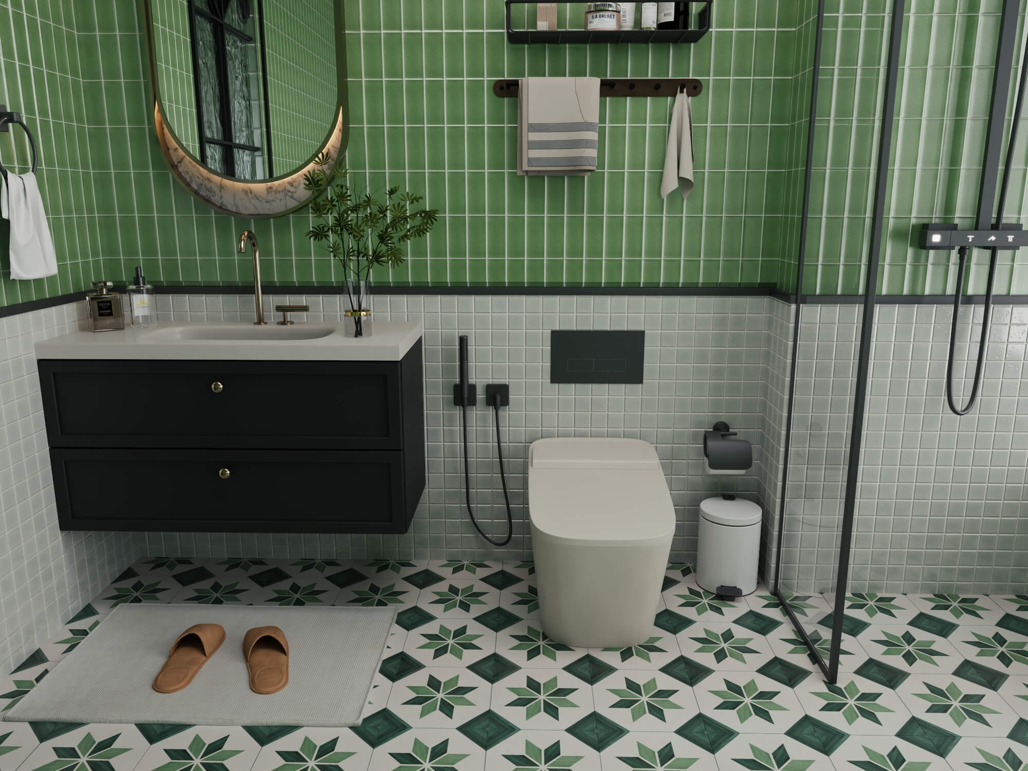 Retro Green Tile Bathroom Interior 3D Model