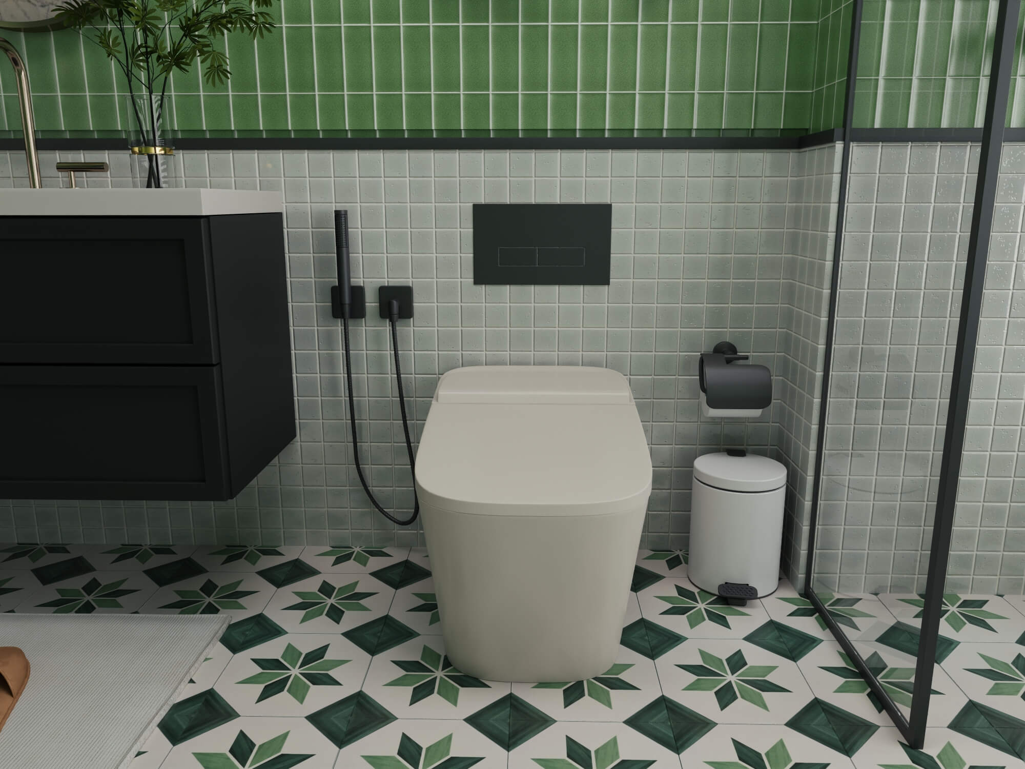 Retro Green Tile Bathroom Interior 3D Model