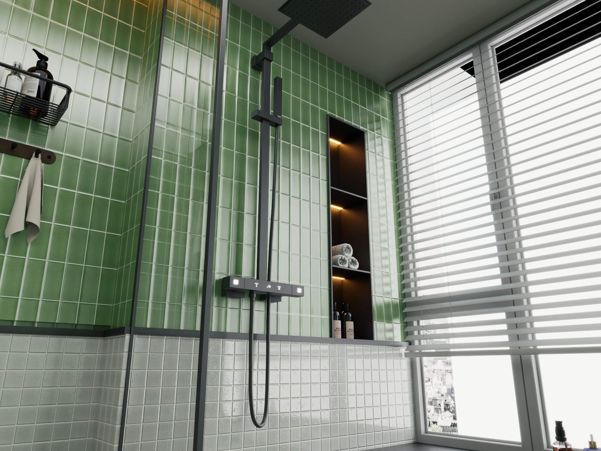 Retro Green Tile Bathroom Interior 3D Model
