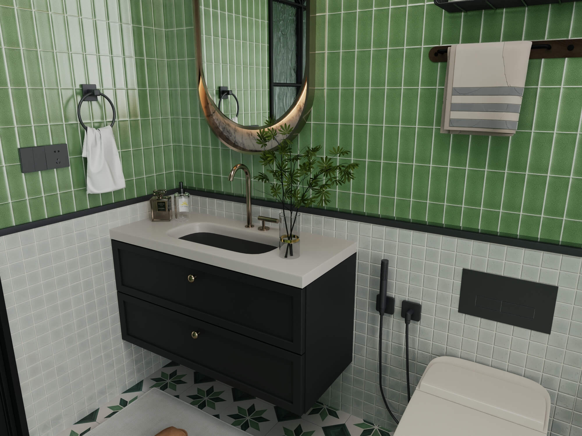 Retro Green Tile Bathroom Interior 3D Model