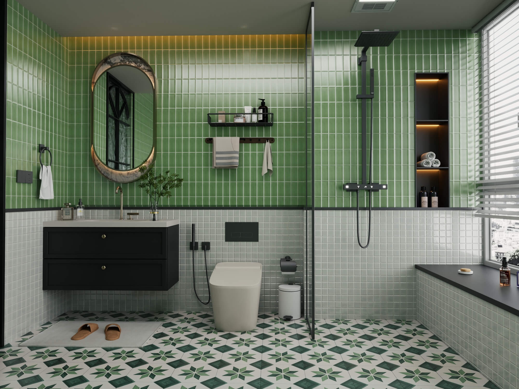 Retro Green Tile Bathroom Interior 3D Model
