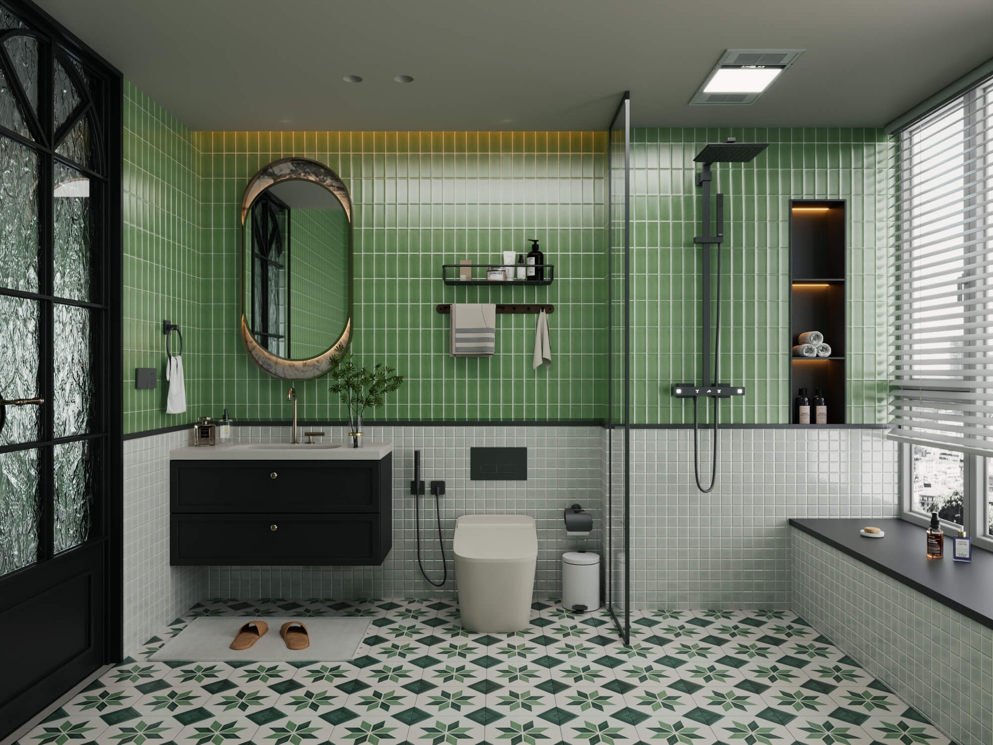 Retro Green Tile Bathroom Interior 3D Model
