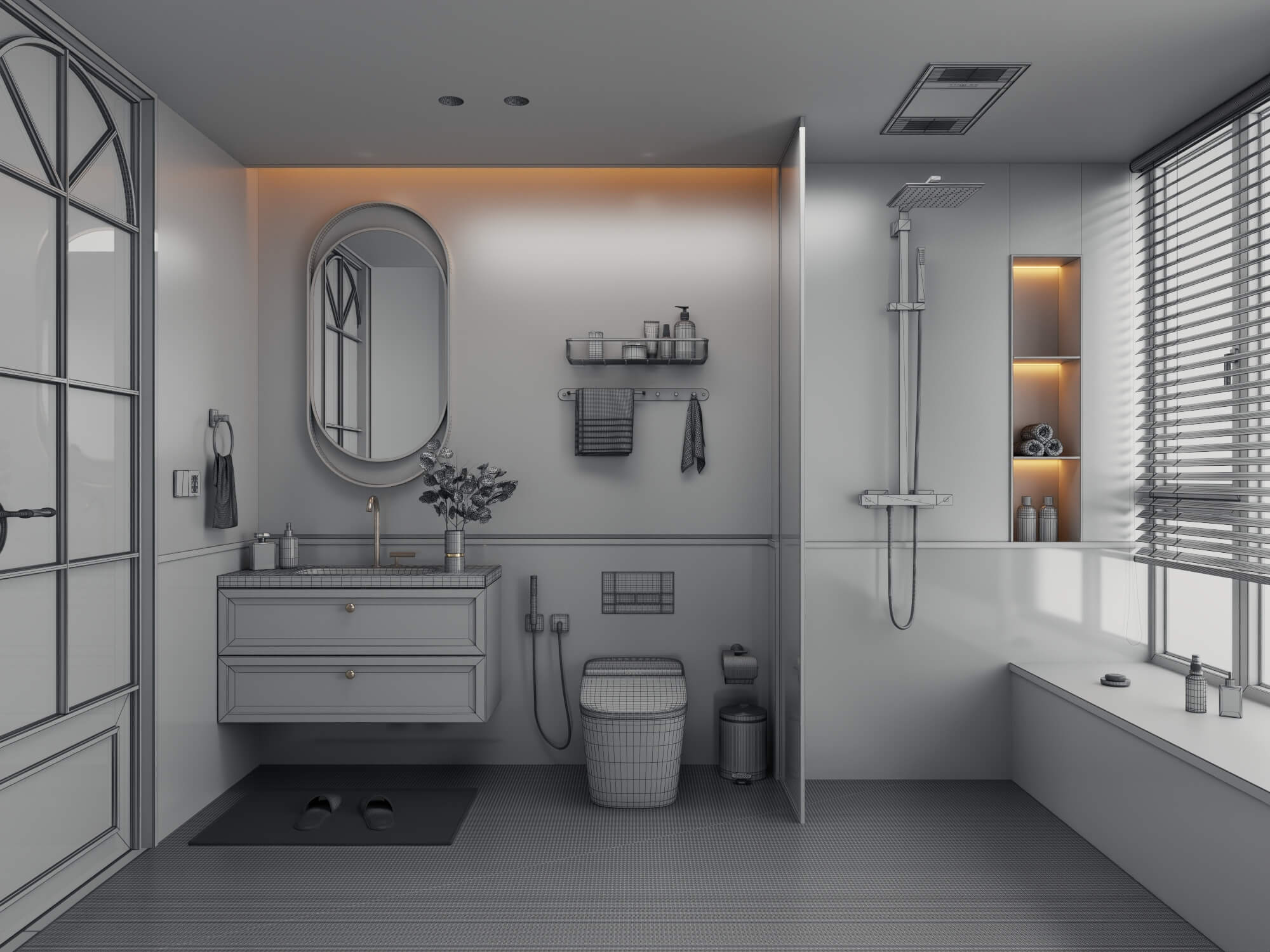Retro Green Tile Bathroom Interior 3D Model