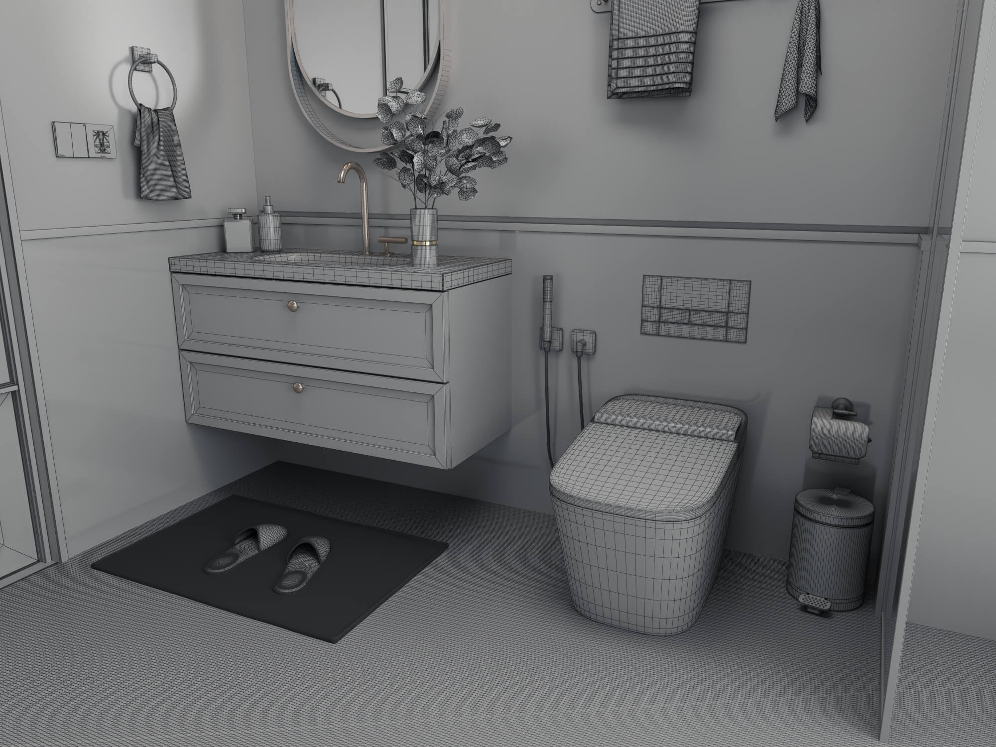 Retro Green Tile Bathroom Interior 3D Model