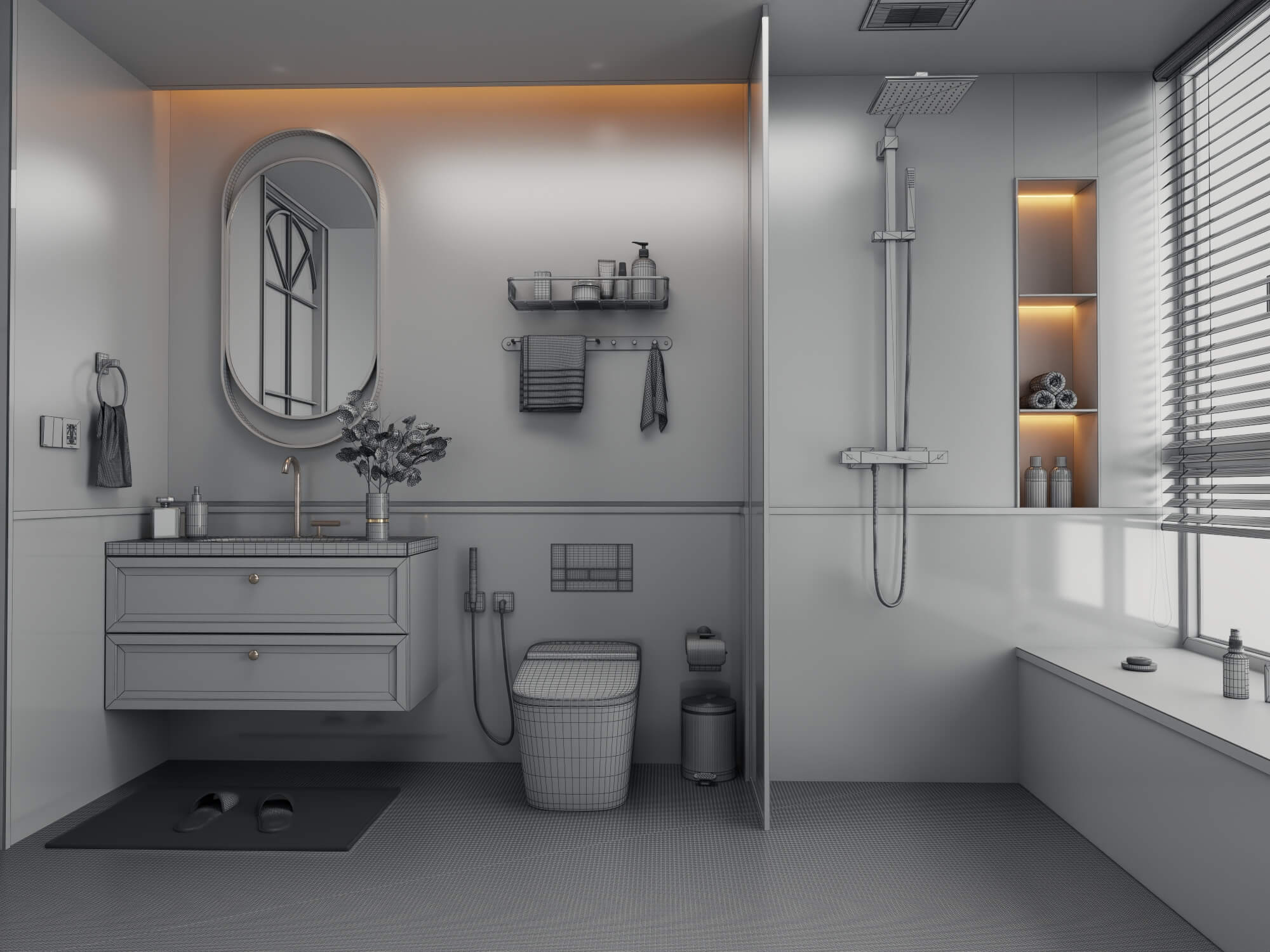 Retro Green Tile Bathroom Interior 3D Model