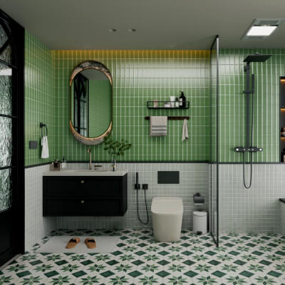 Retro Green Tile Bathroom Interior