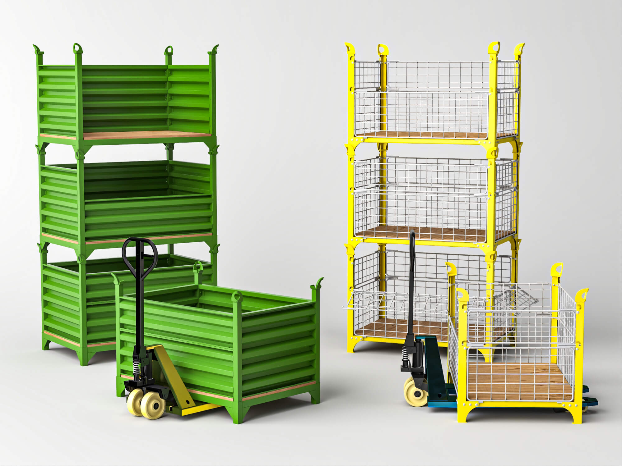 Stackable Warehouse Containers and Pallet Jacks 3D Model