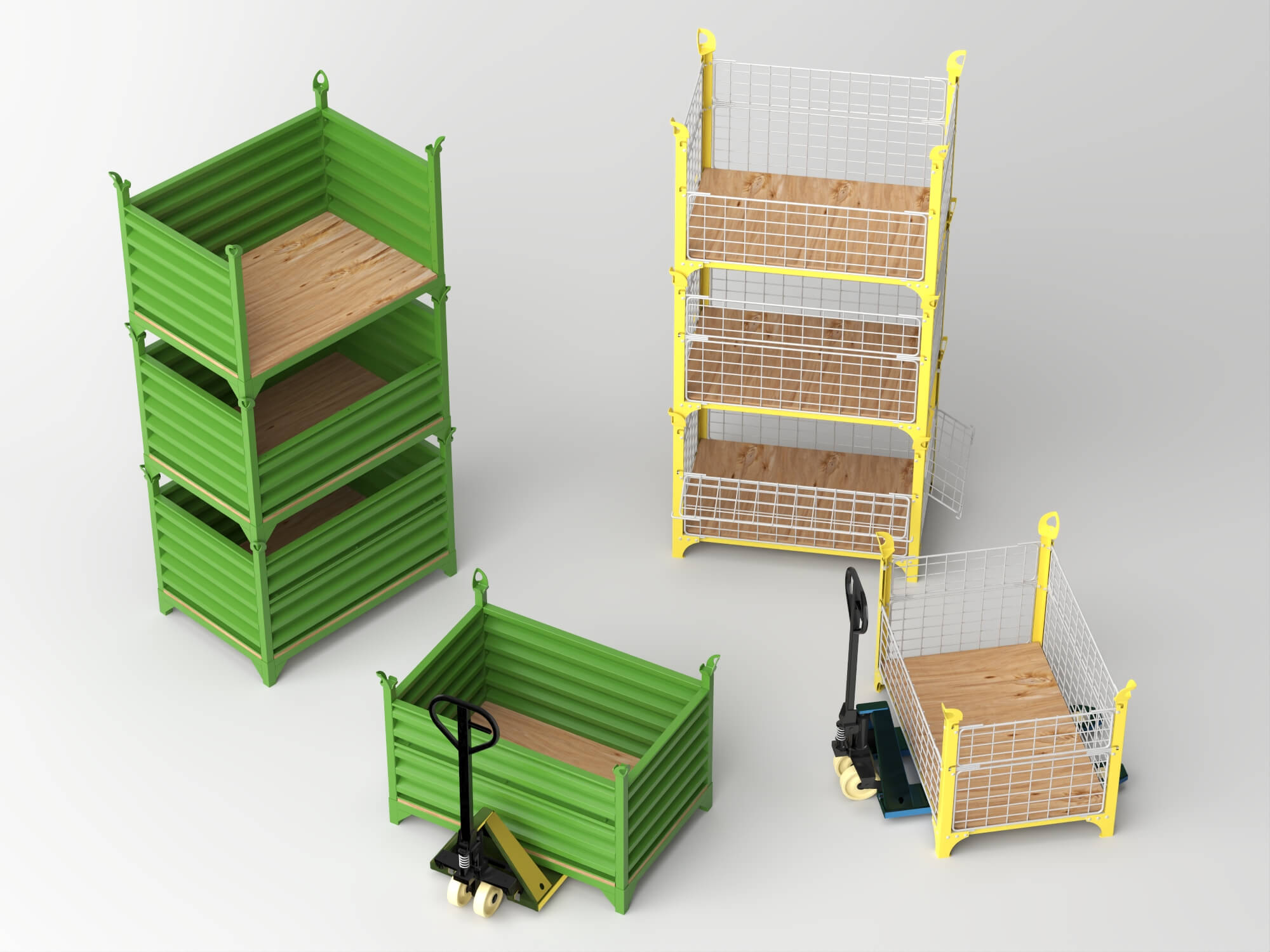 Stackable Warehouse Containers and Pallet Jacks 3D Model