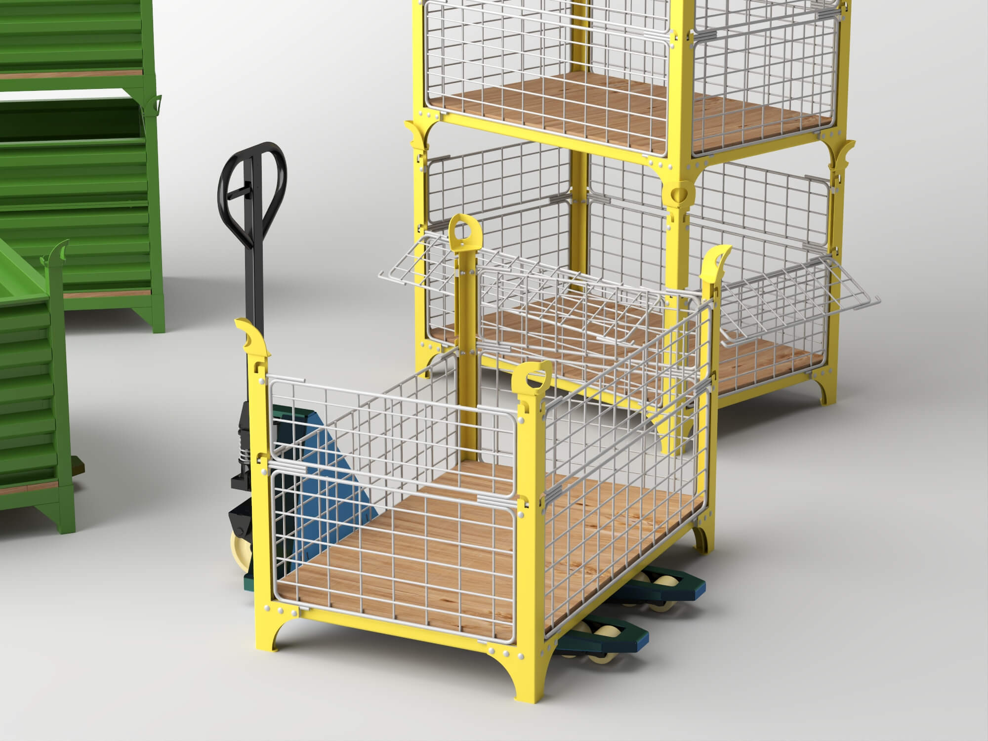Stackable Warehouse Containers and Pallet Jacks 3D Model