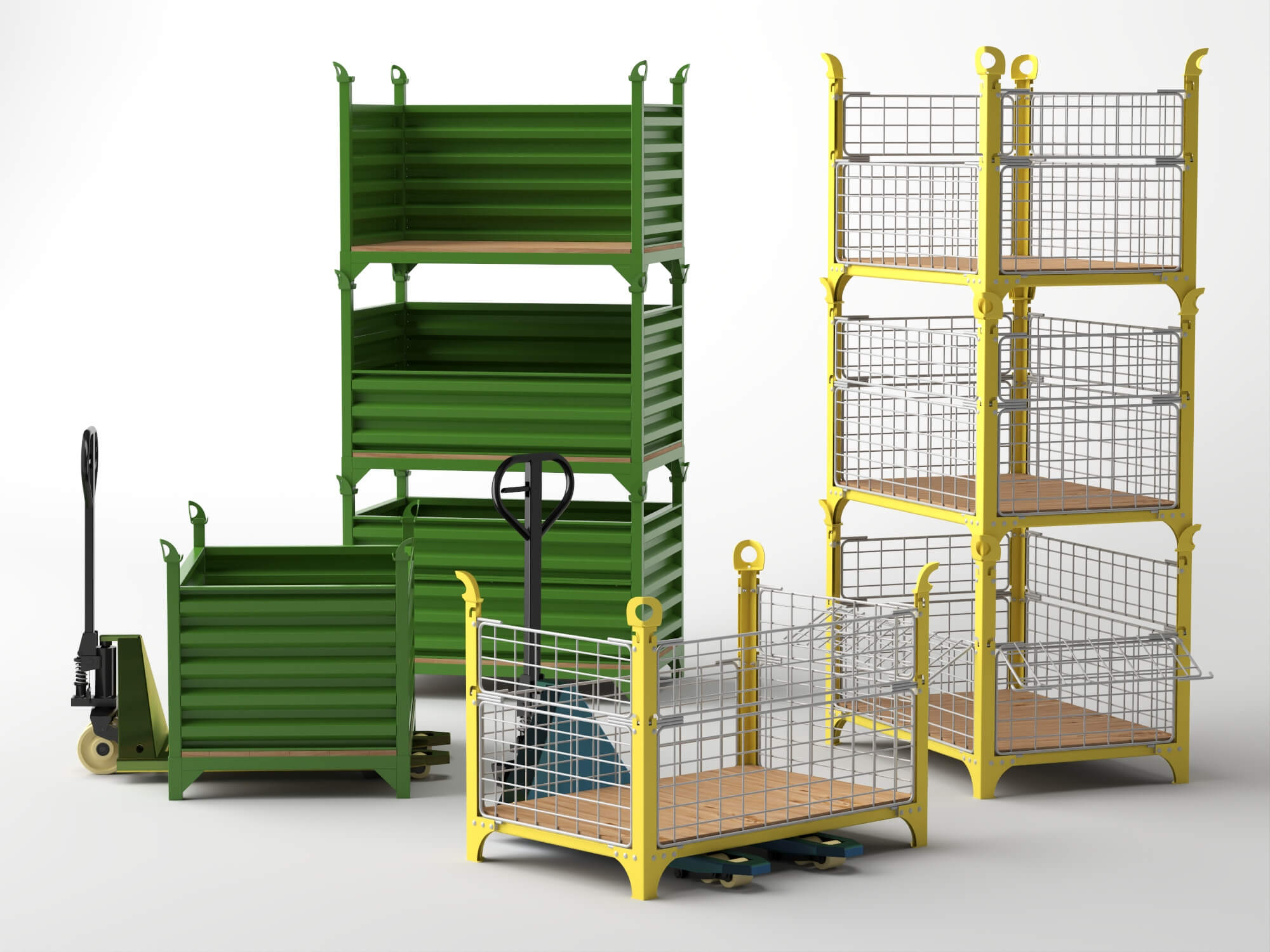 Stackable Warehouse Containers and Pallet Jacks 3D Model