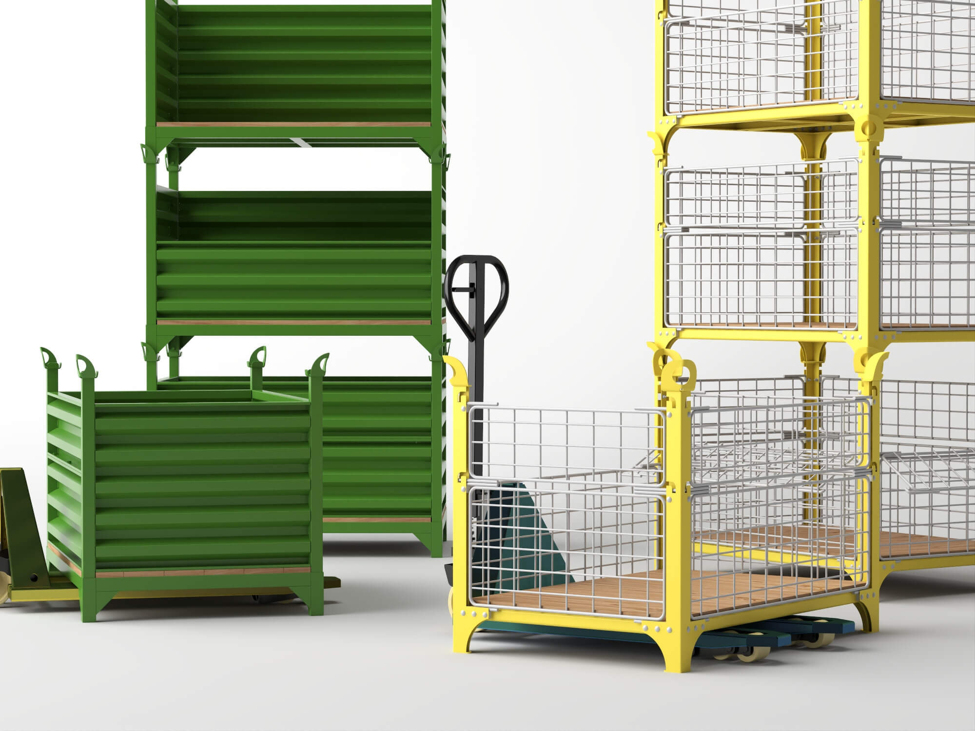 Stackable Warehouse Containers and Pallet Jacks 3D Model