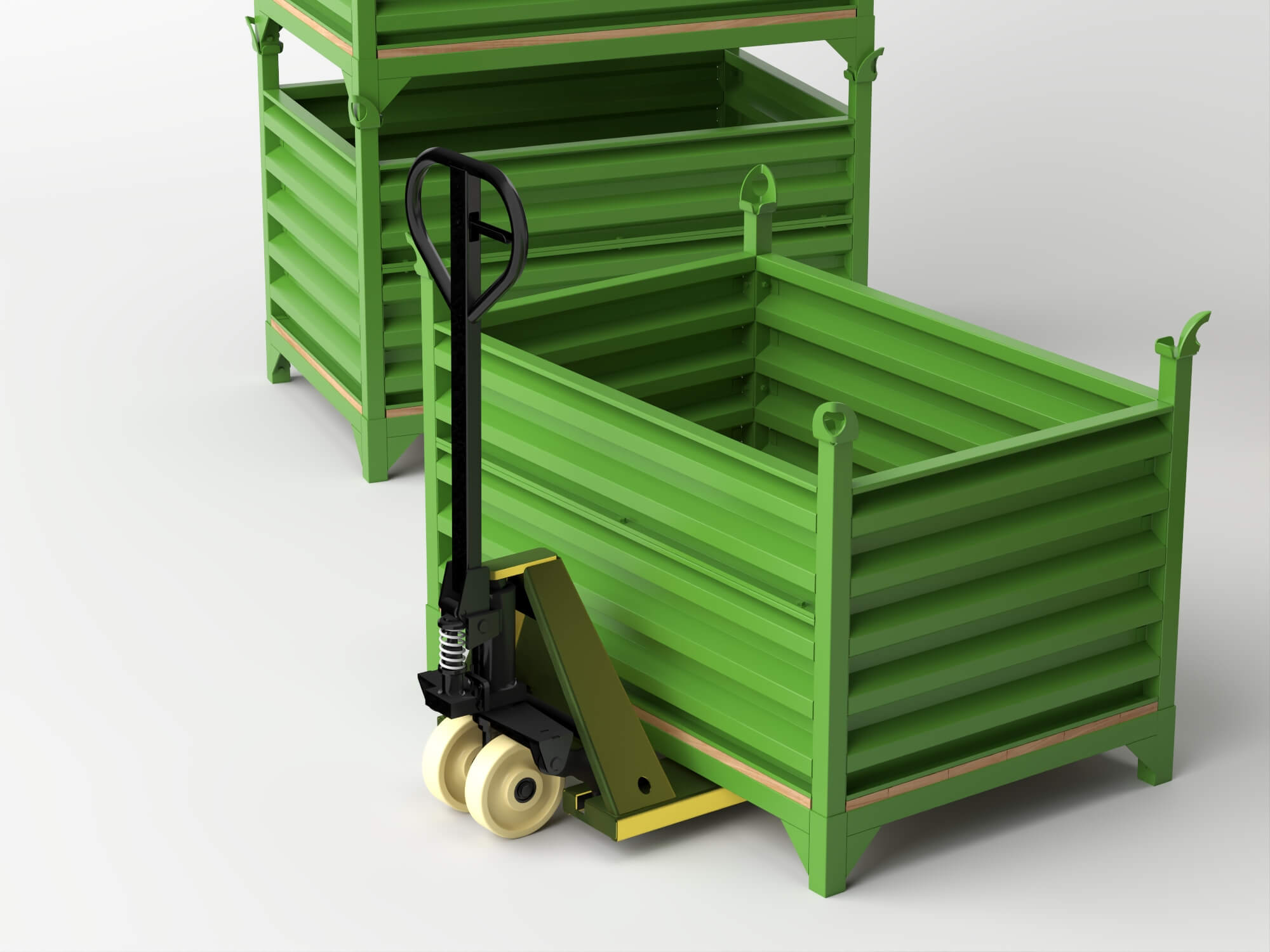 Stackable Warehouse Containers and Pallet Jacks 3D Model