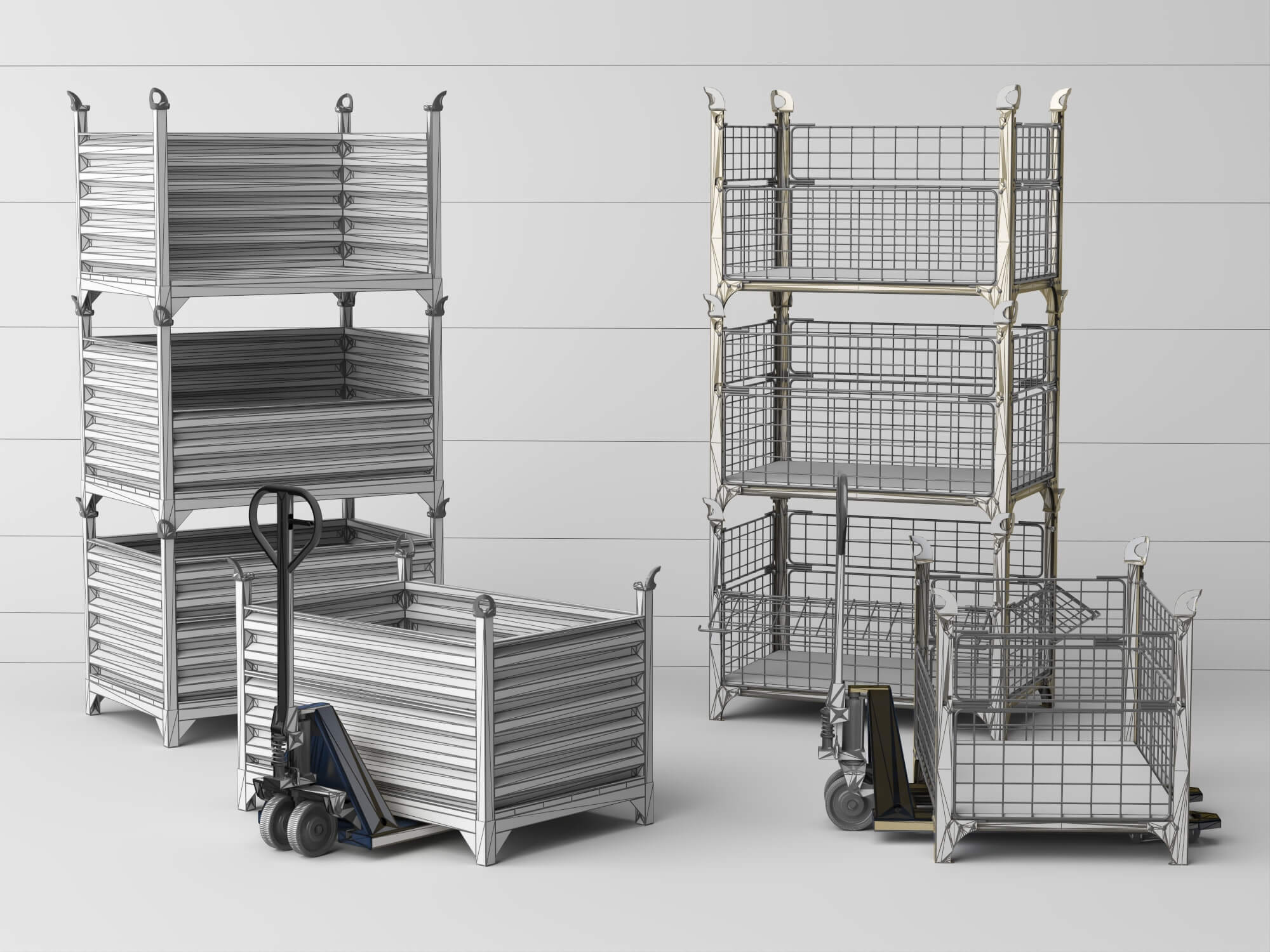 Stackable Warehouse Containers and Pallet Jacks 3D Model