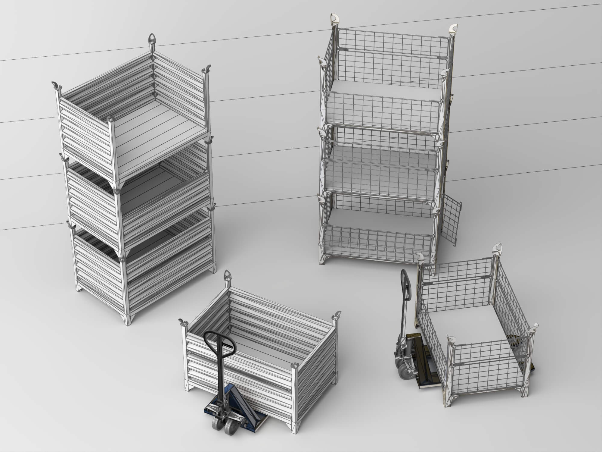 Stackable Warehouse Containers and Pallet Jacks 3D Model