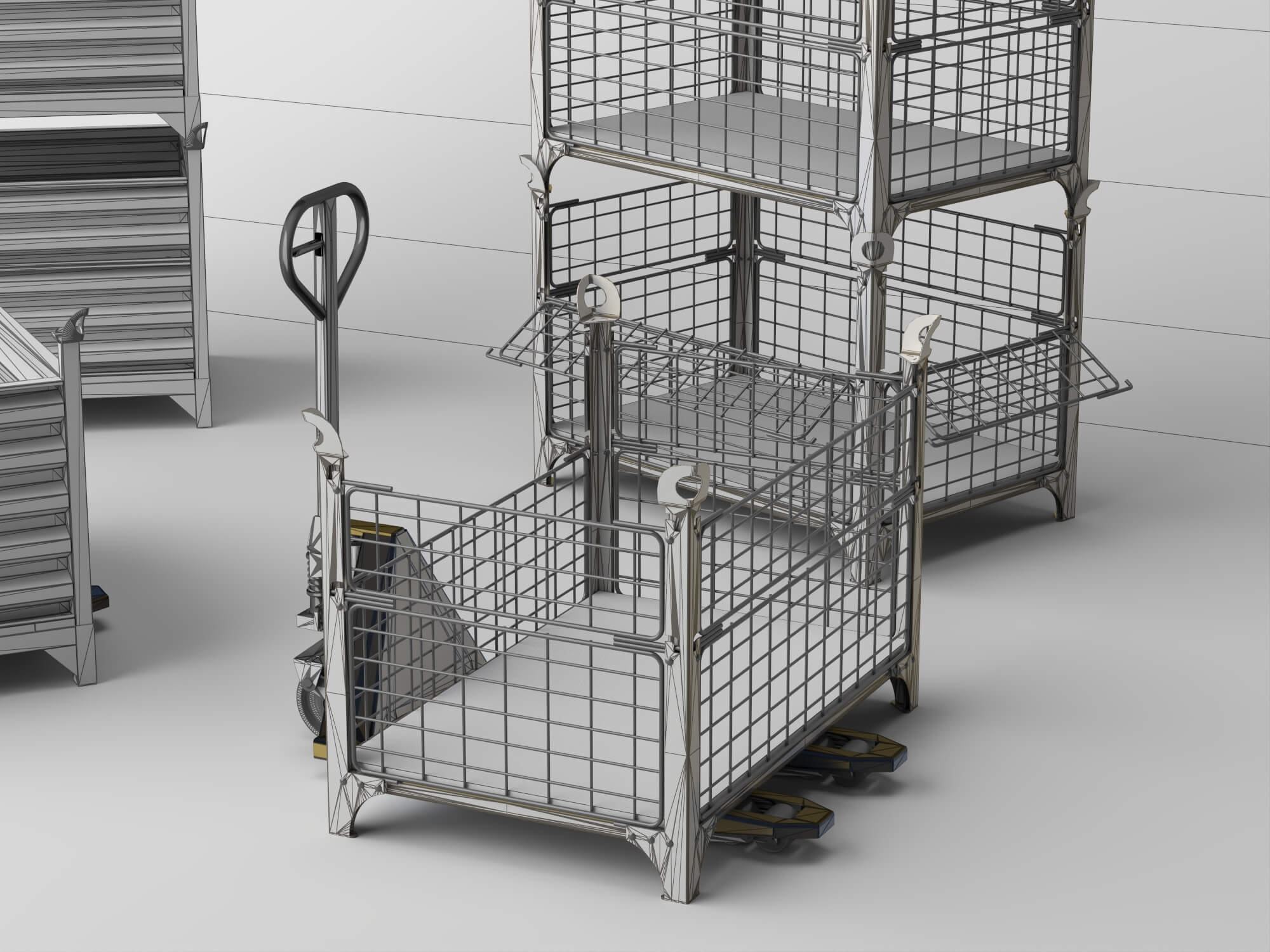 Stackable Warehouse Containers and Pallet Jacks 3D Model