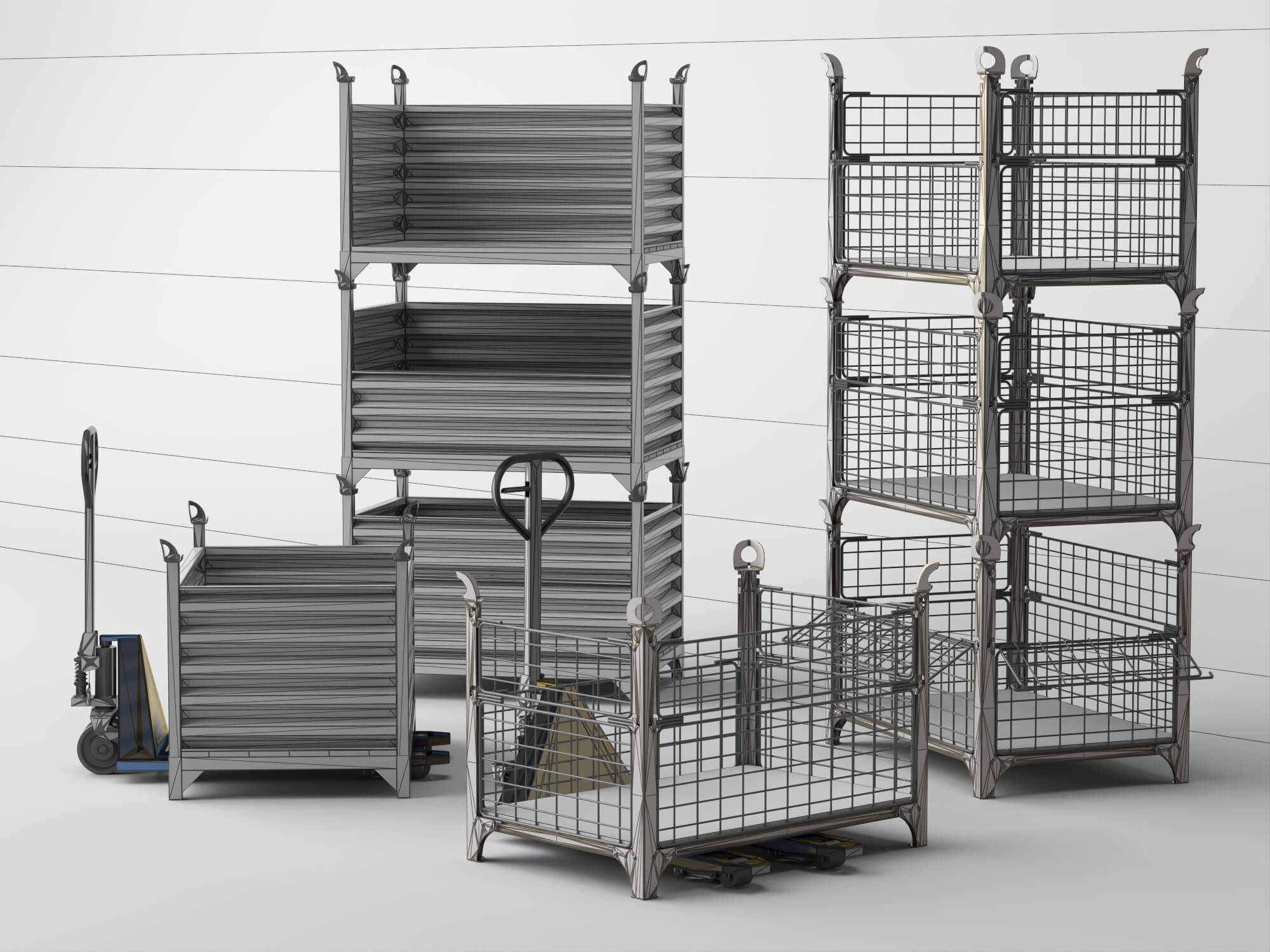 Stackable Warehouse Containers and Pallet Jacks 3D Model