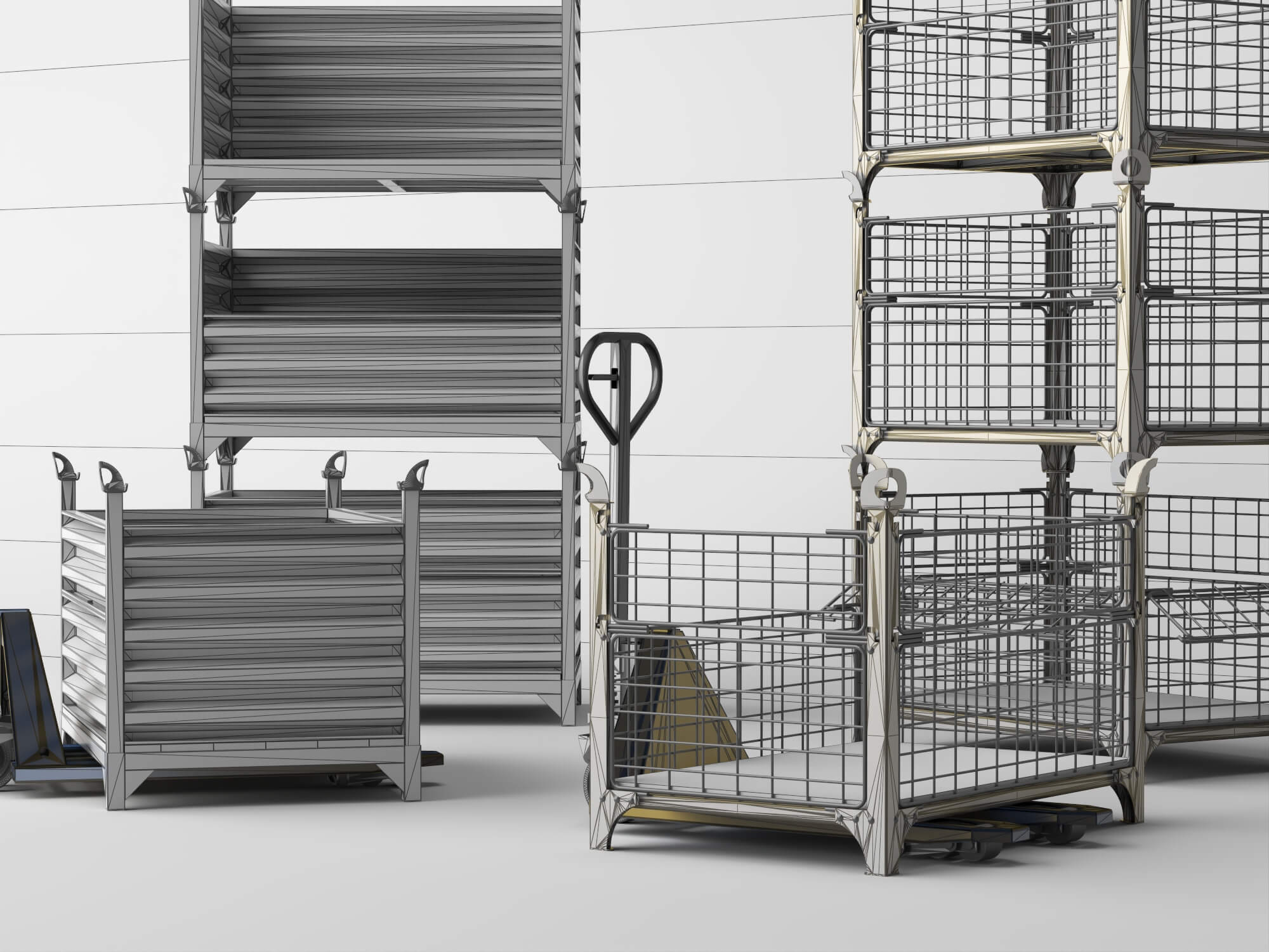 Stackable Warehouse Containers and Pallet Jacks 3D Model