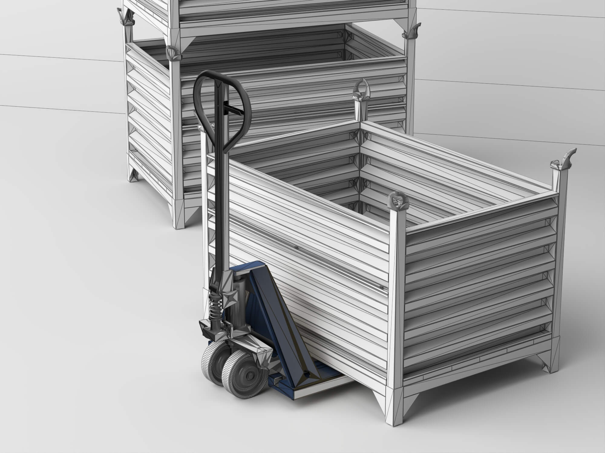 Stackable Warehouse Containers and Pallet Jacks 3D Model