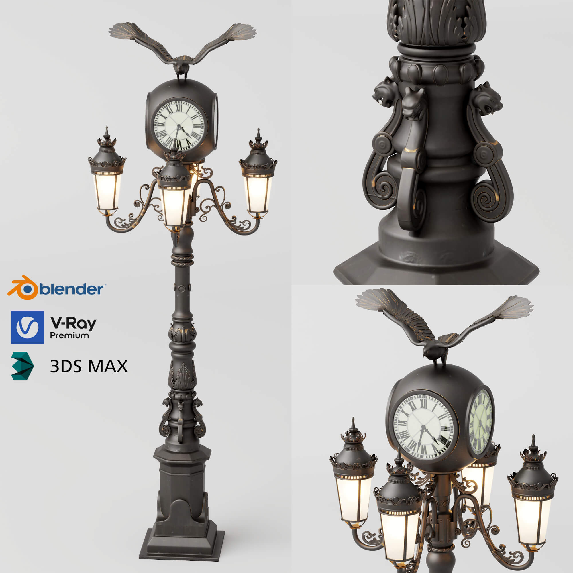 Vintage Street Lamp with Clock and Eagle Sculpture 3D Model