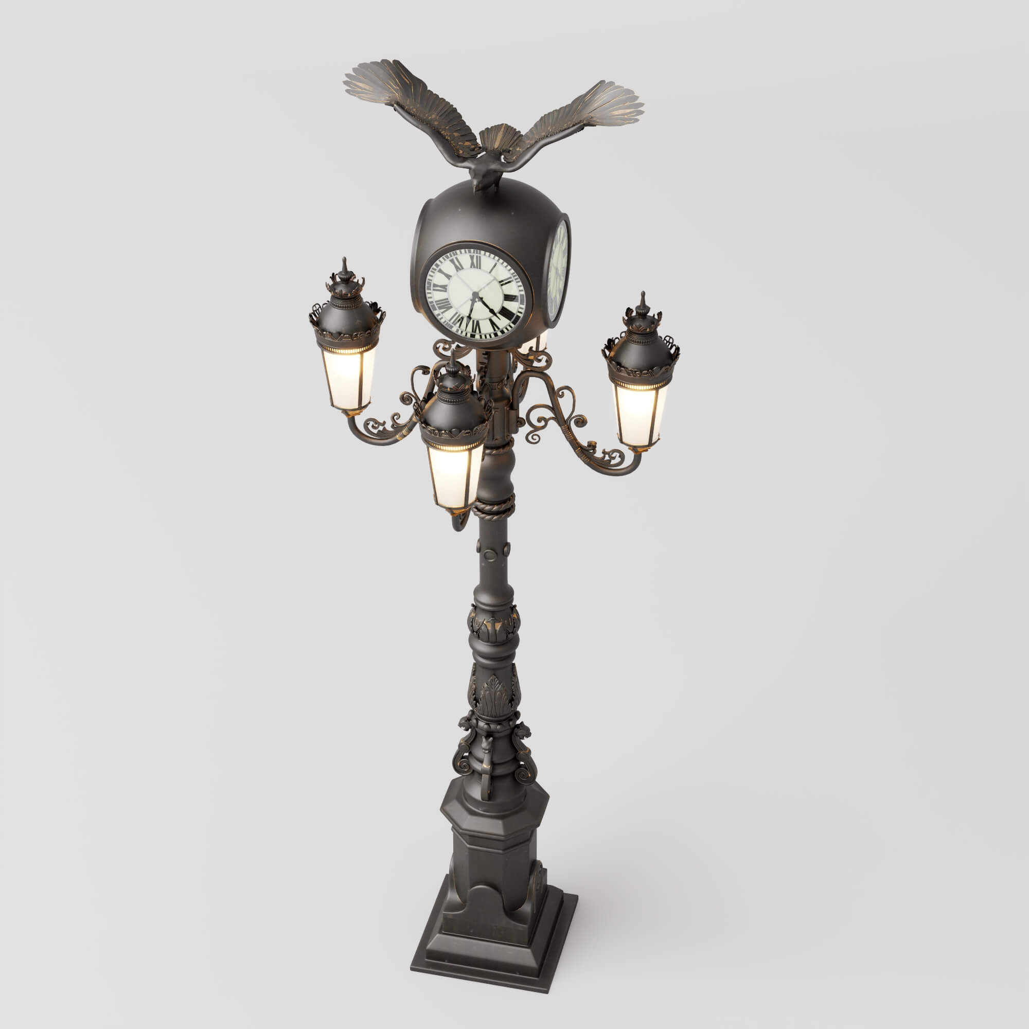 Vintage Street Lamp with Clock and Eagle Sculpture 3D Model