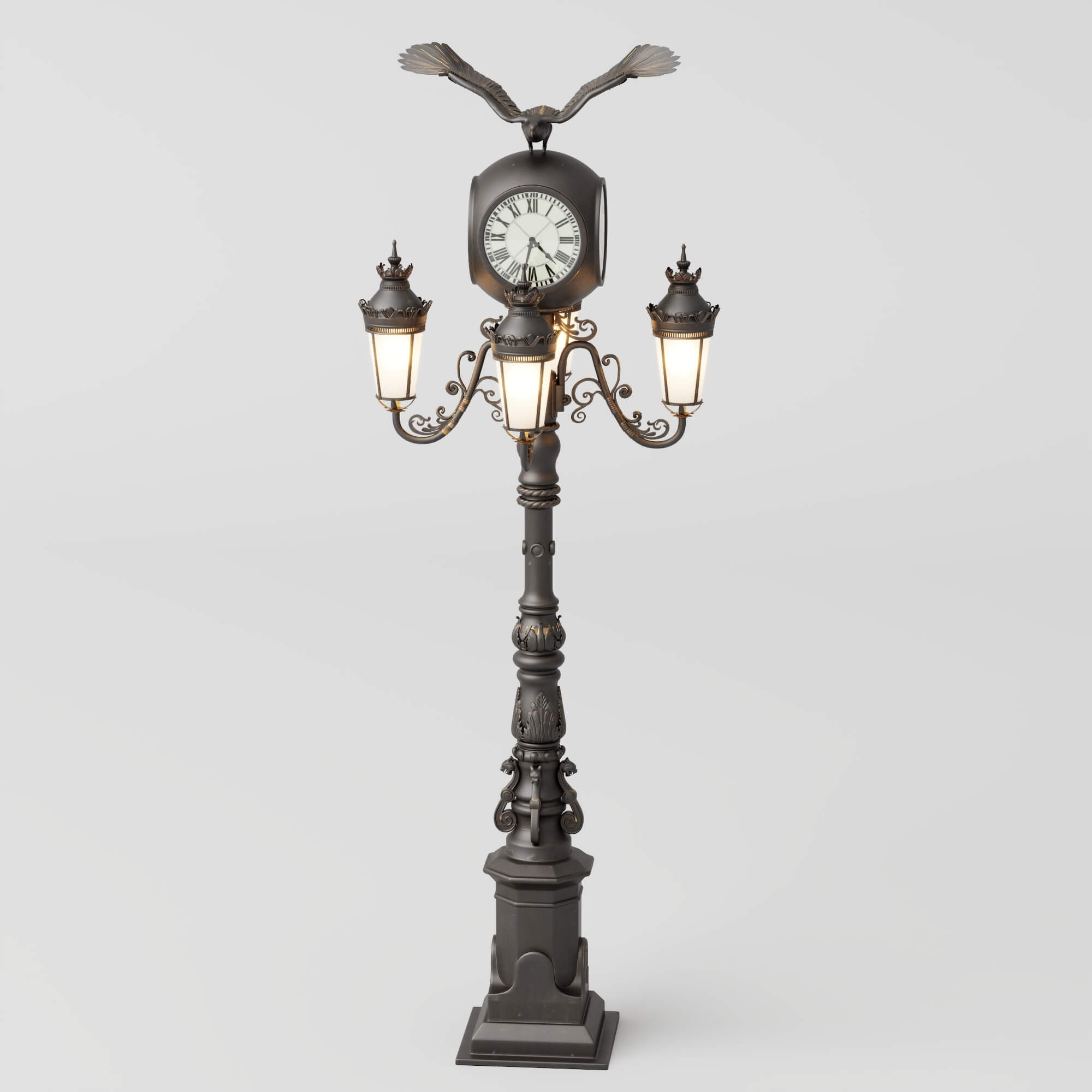 Vintage Street Lamp with Clock and Eagle Sculpture 3D Model