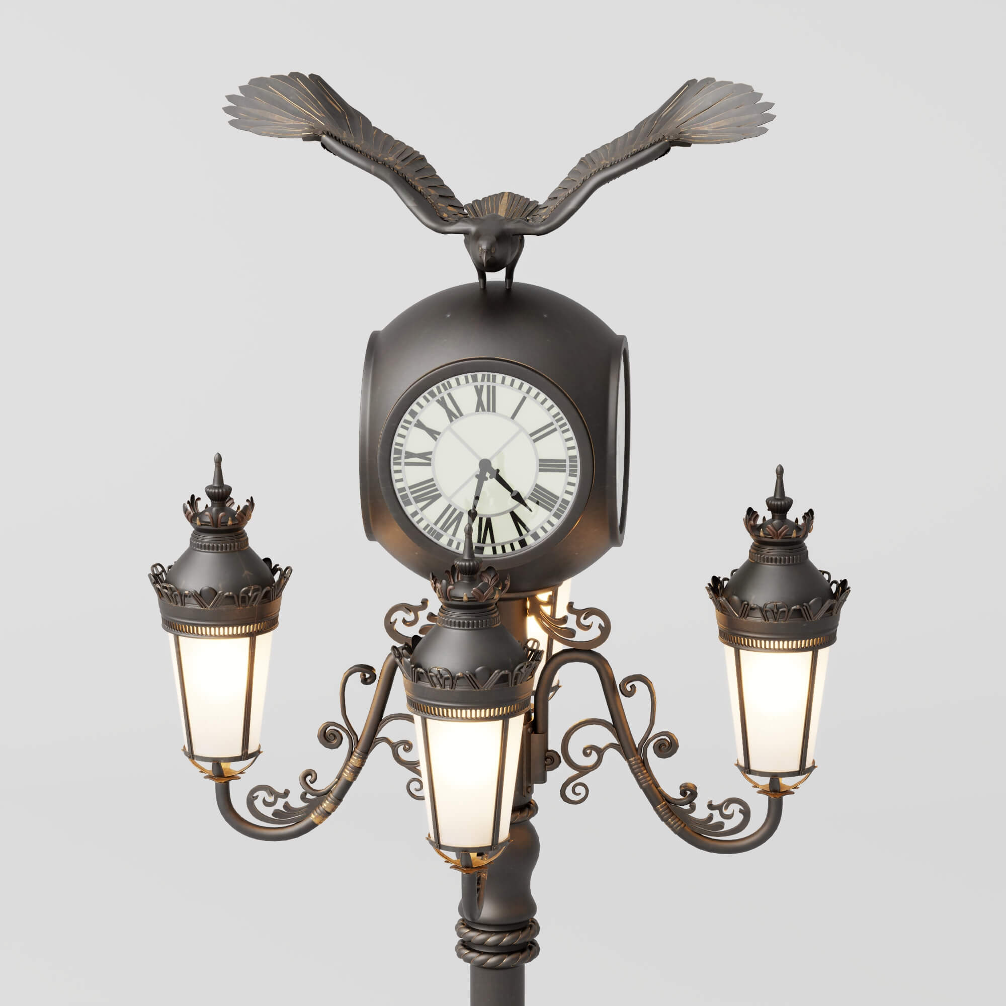 Vintage Street Lamp with Clock and Eagle Sculpture 3D Model