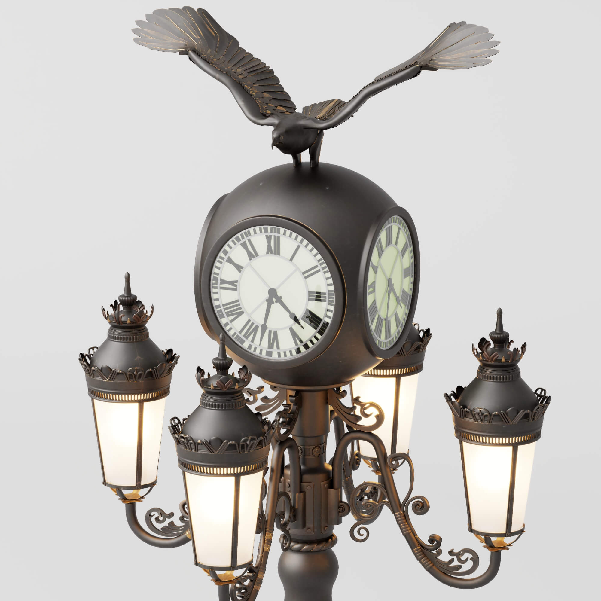 Vintage Street Lamp with Clock and Eagle Sculpture 3D Model