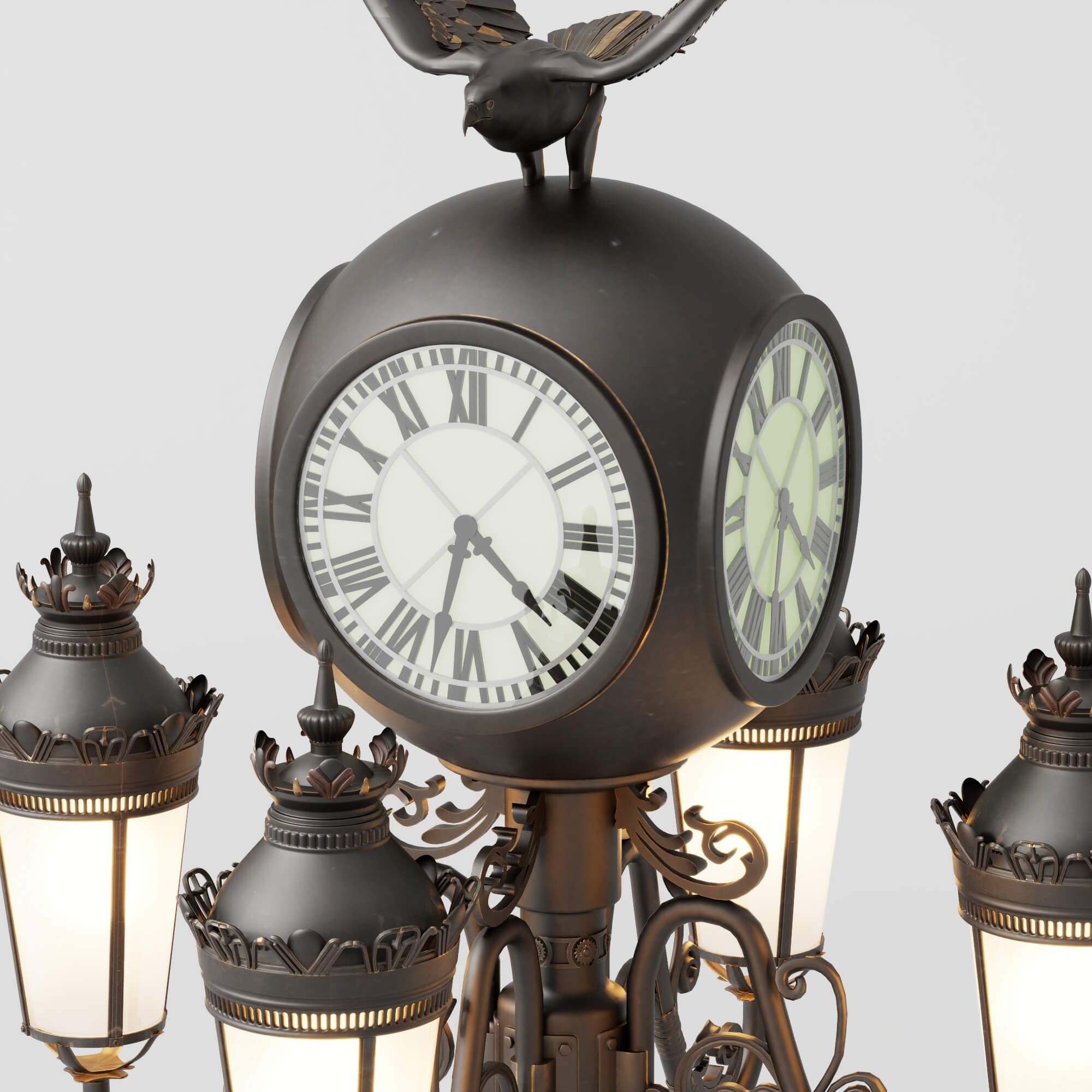 Vintage Street Lamp with Clock and Eagle Sculpture 3D Model