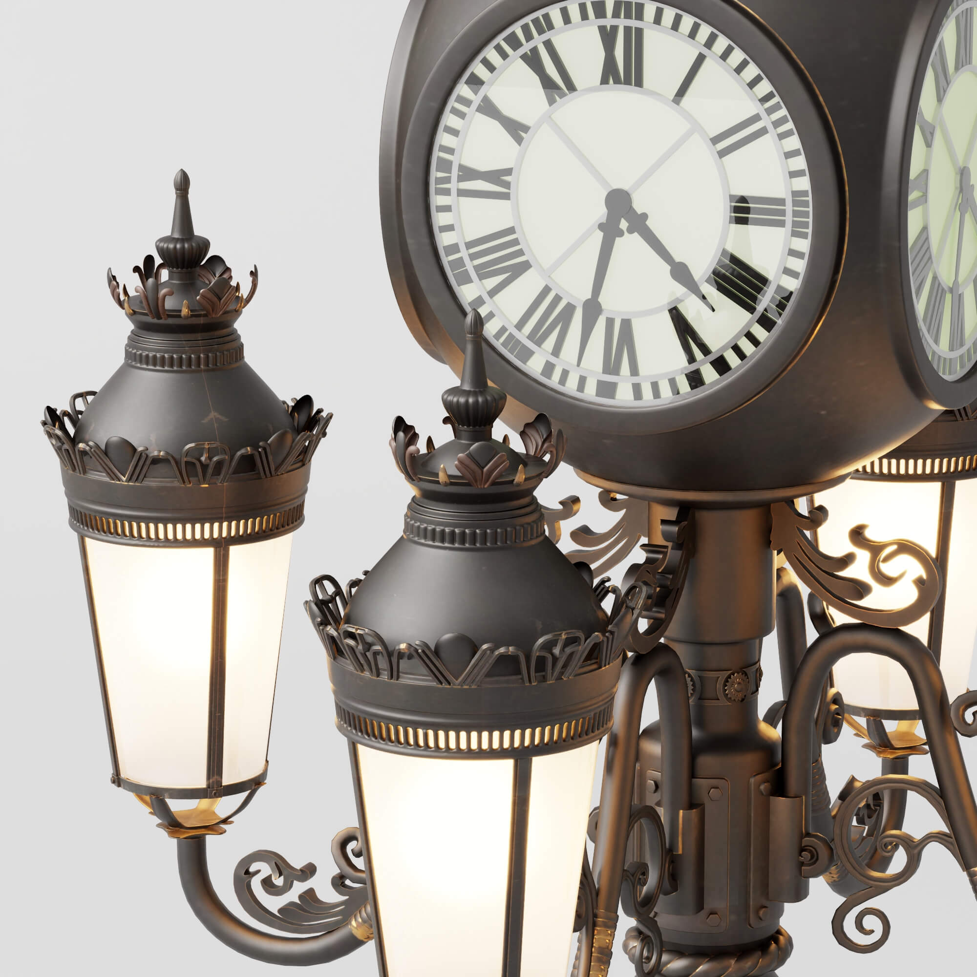 Vintage Street Lamp with Clock and Eagle Sculpture 3D Model