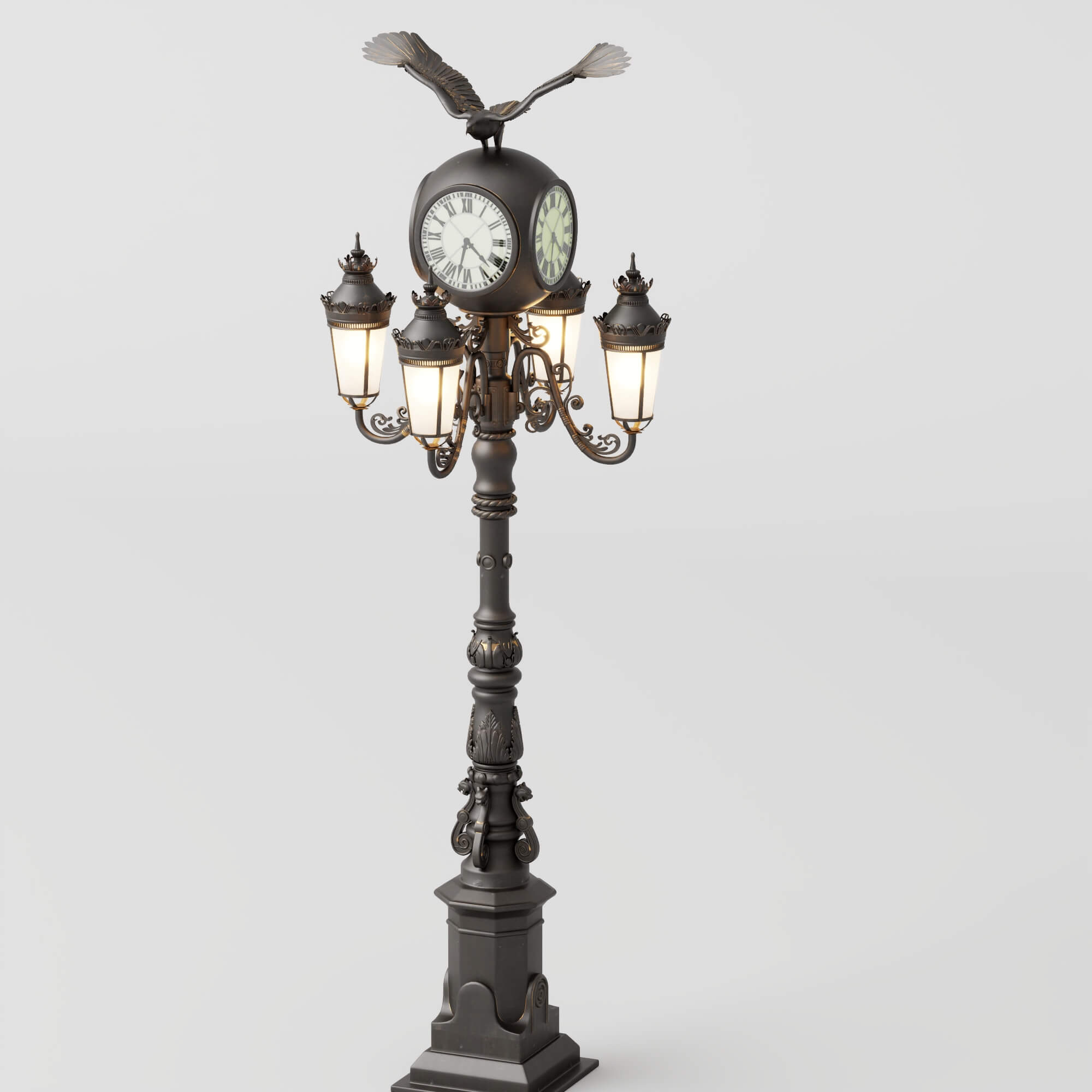 Vintage Street Lamp with Clock and Eagle Sculpture 3D Model
