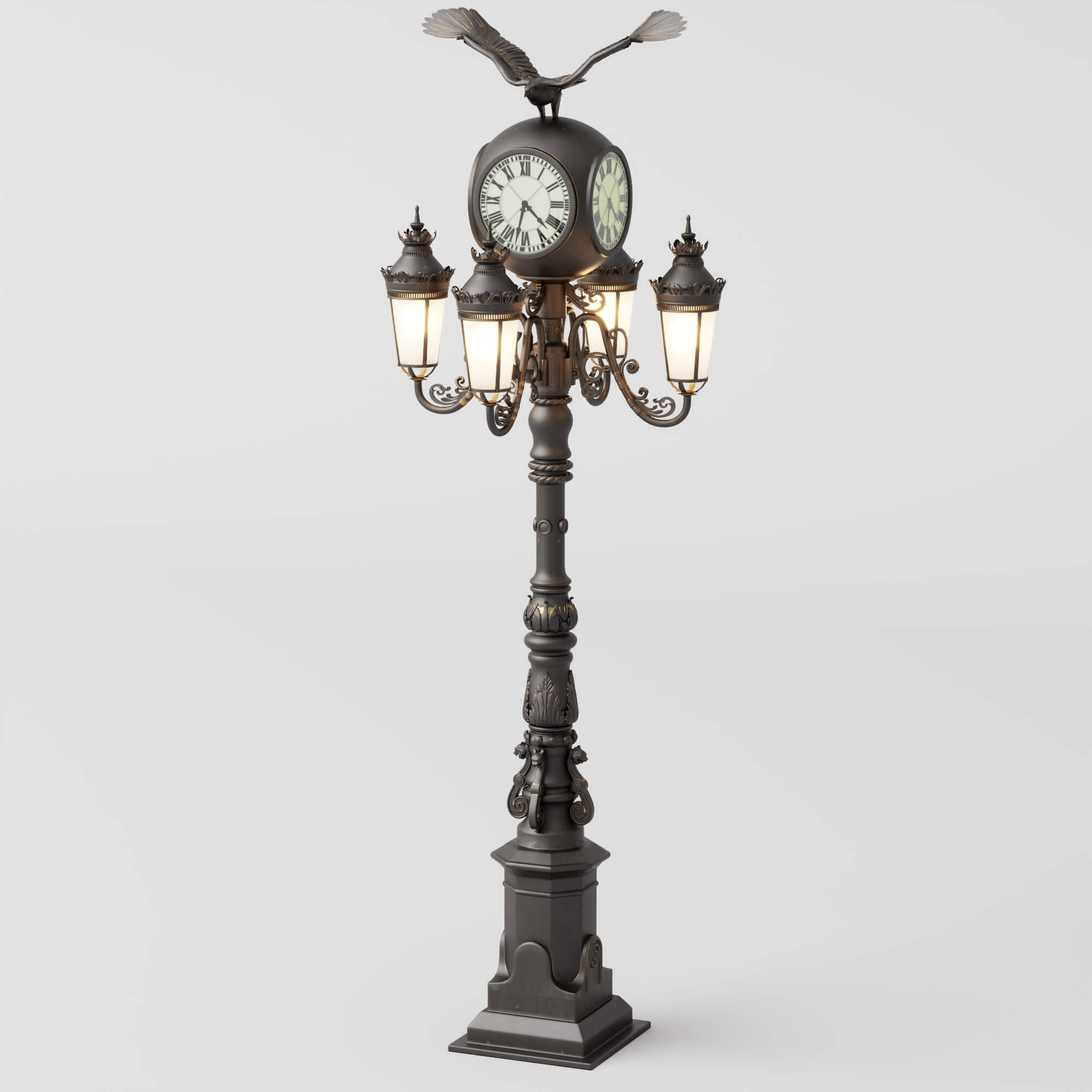 Vintage Street Lamp with Clock and Eagle Sculpture 3D Model