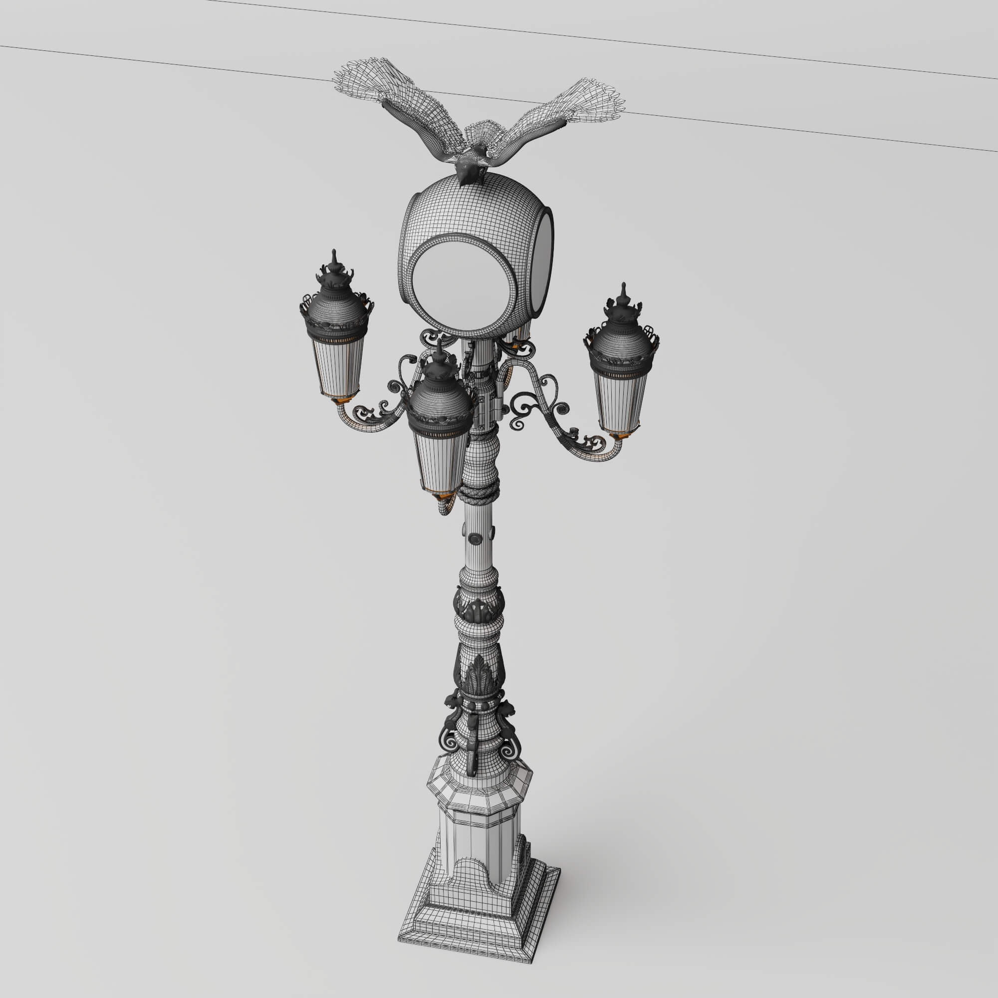 Vintage Street Lamp with Clock and Eagle Sculpture 3D Model