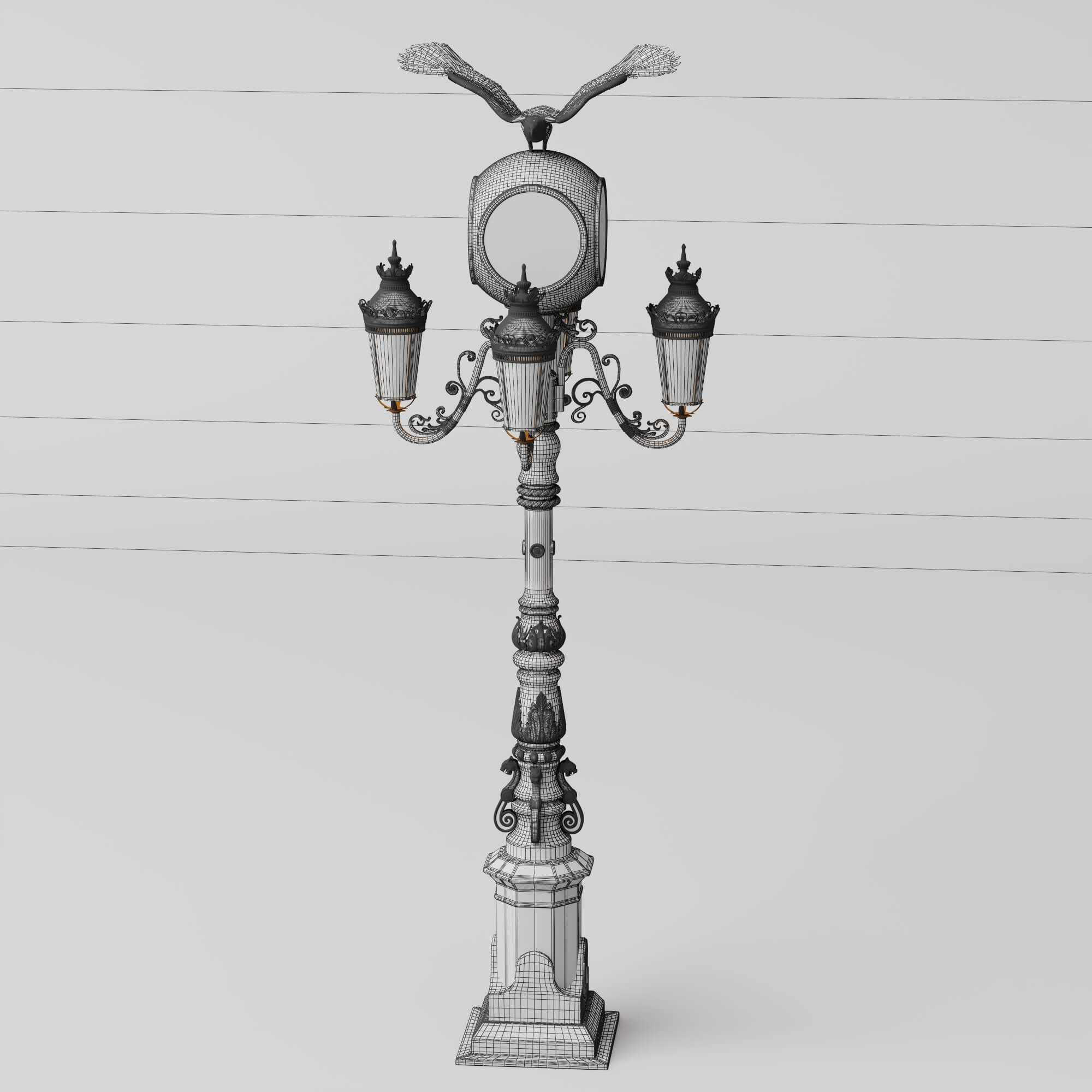 Vintage Street Lamp with Clock and Eagle Sculpture 3D Model