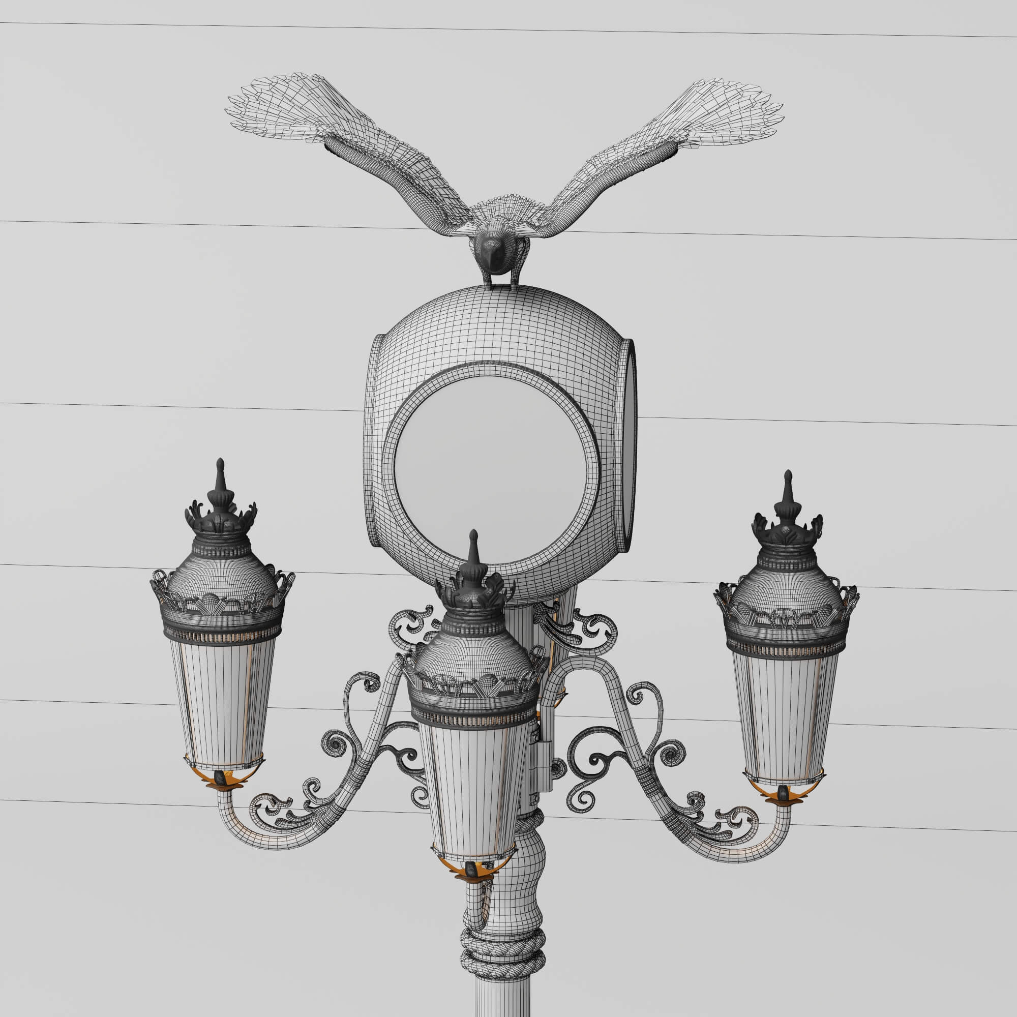 Vintage Street Lamp with Clock and Eagle Sculpture 3D Model