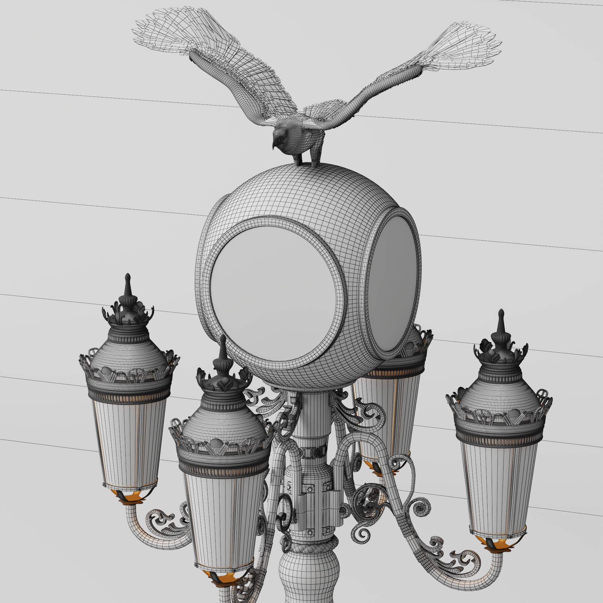 Vintage Street Lamp with Clock and Eagle Sculpture 3D Model