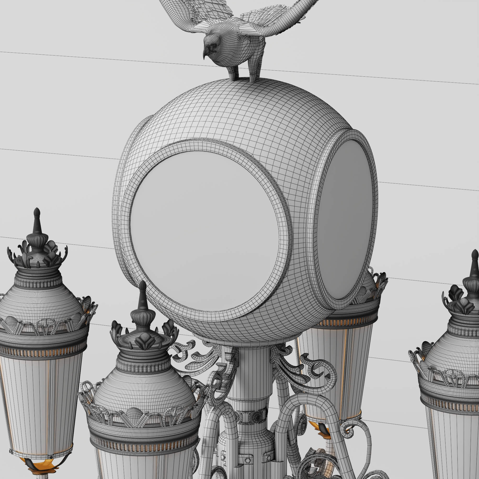 Vintage Street Lamp with Clock and Eagle Sculpture 3D Model