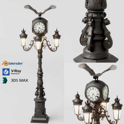 Vintage Street Lamp with Clock and Eagle Sculpture