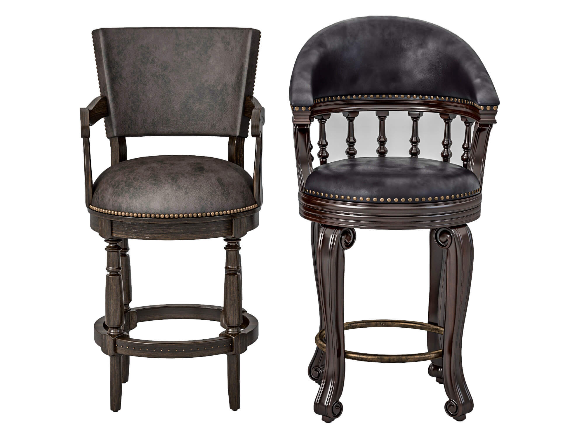 Vintage Wooden Leather Bar Stools Pack 3D Model