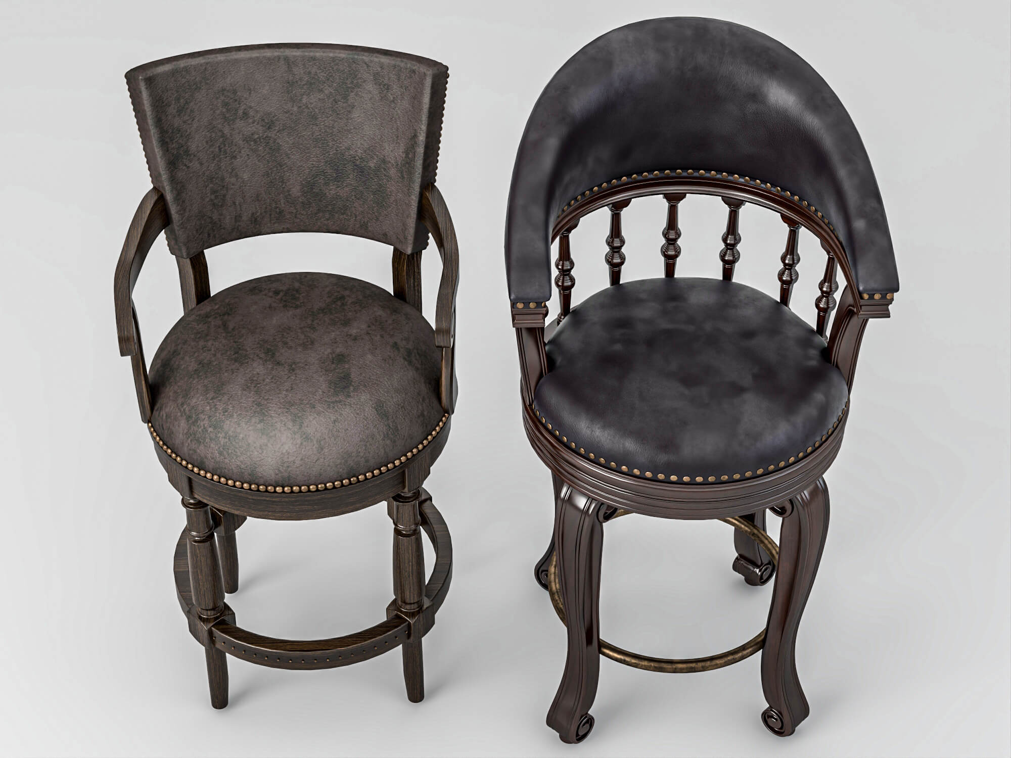 Vintage Wooden Leather Bar Stools Pack 3D Model