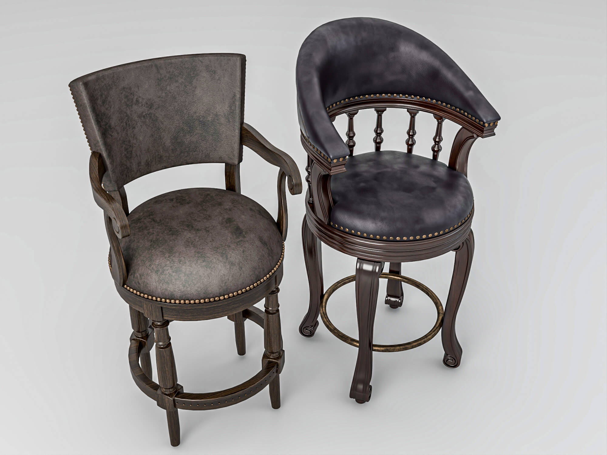 Vintage Wooden Leather Bar Stools Pack 3D Model