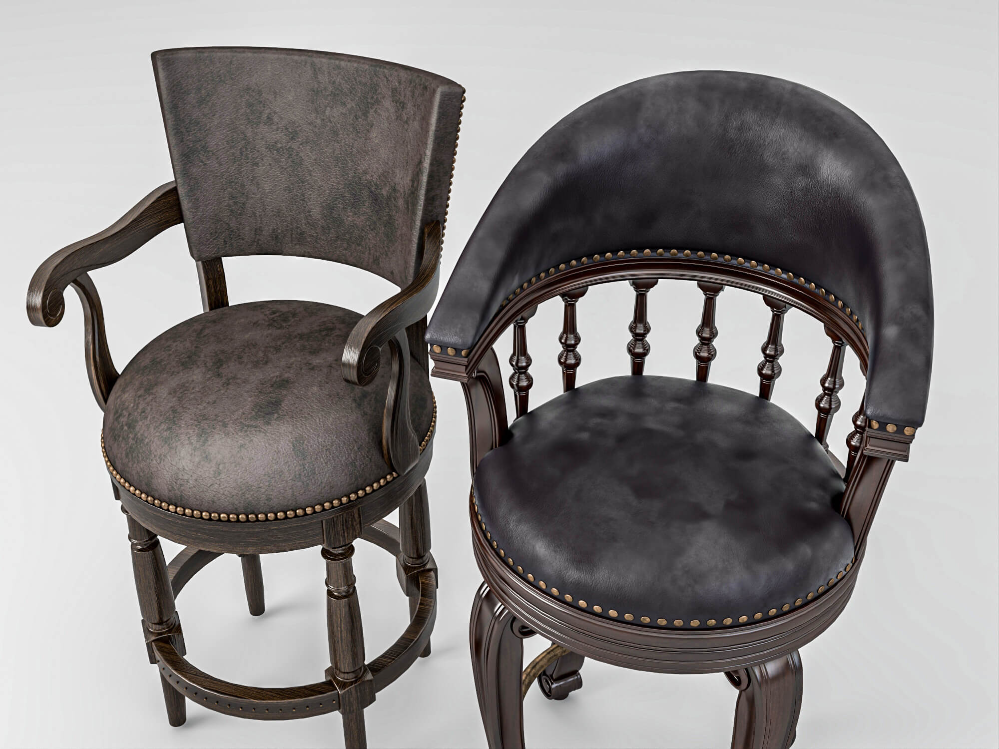 Vintage Wooden Leather Bar Stools Pack 3D Model