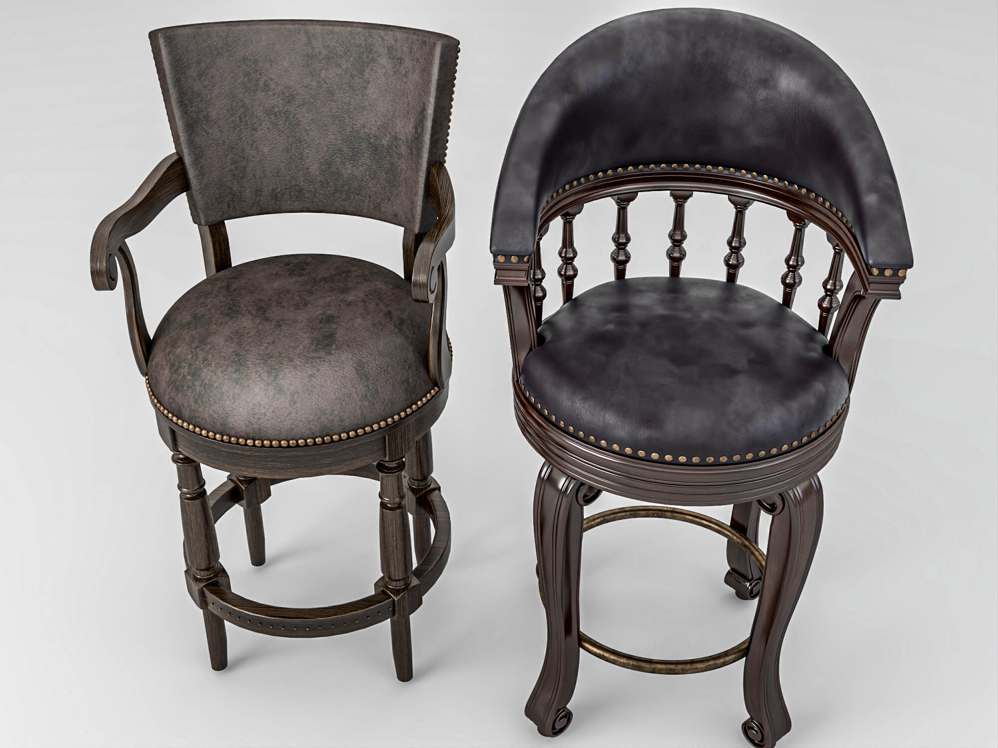 Vintage Wooden Leather Bar Stools Pack 3D Model